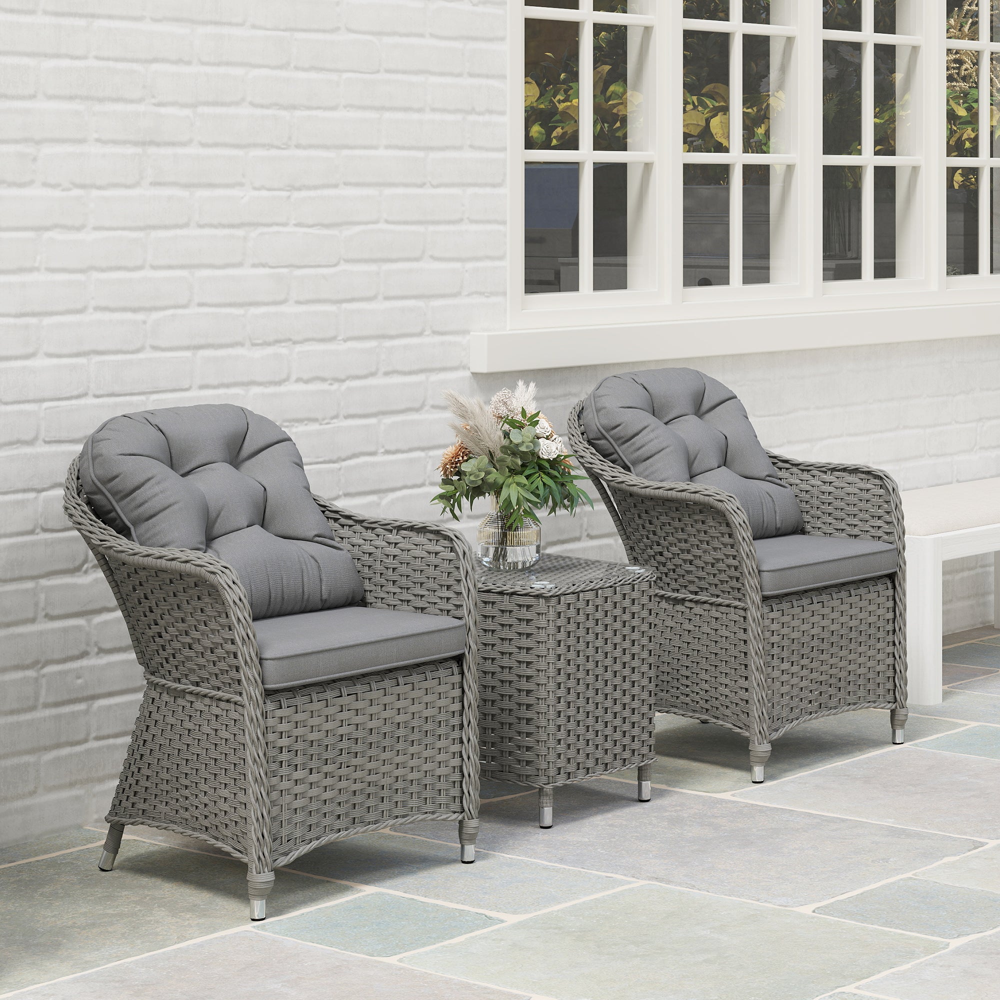 3 Piece Super Padded Rattan Patio Set with Armchairs & Coffee Table - Light Grey