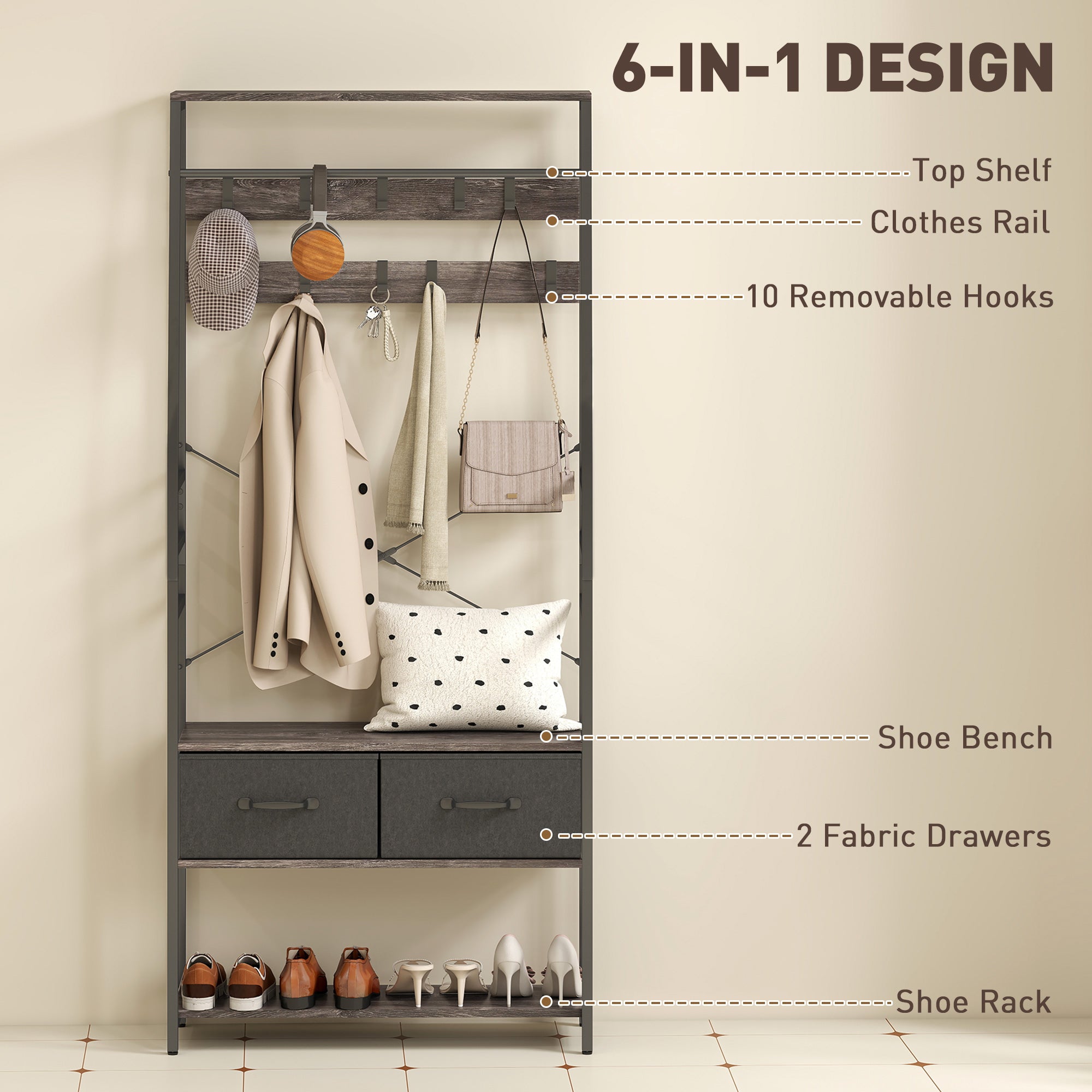 Coat Rack with Shoe Storage, Hall Tree, Industrial Coat Stand with Shoe Bench, 10 Removable Hooks, 2 Fabric Drawers and Clothes Rail for Entryway, Hallway, Grey