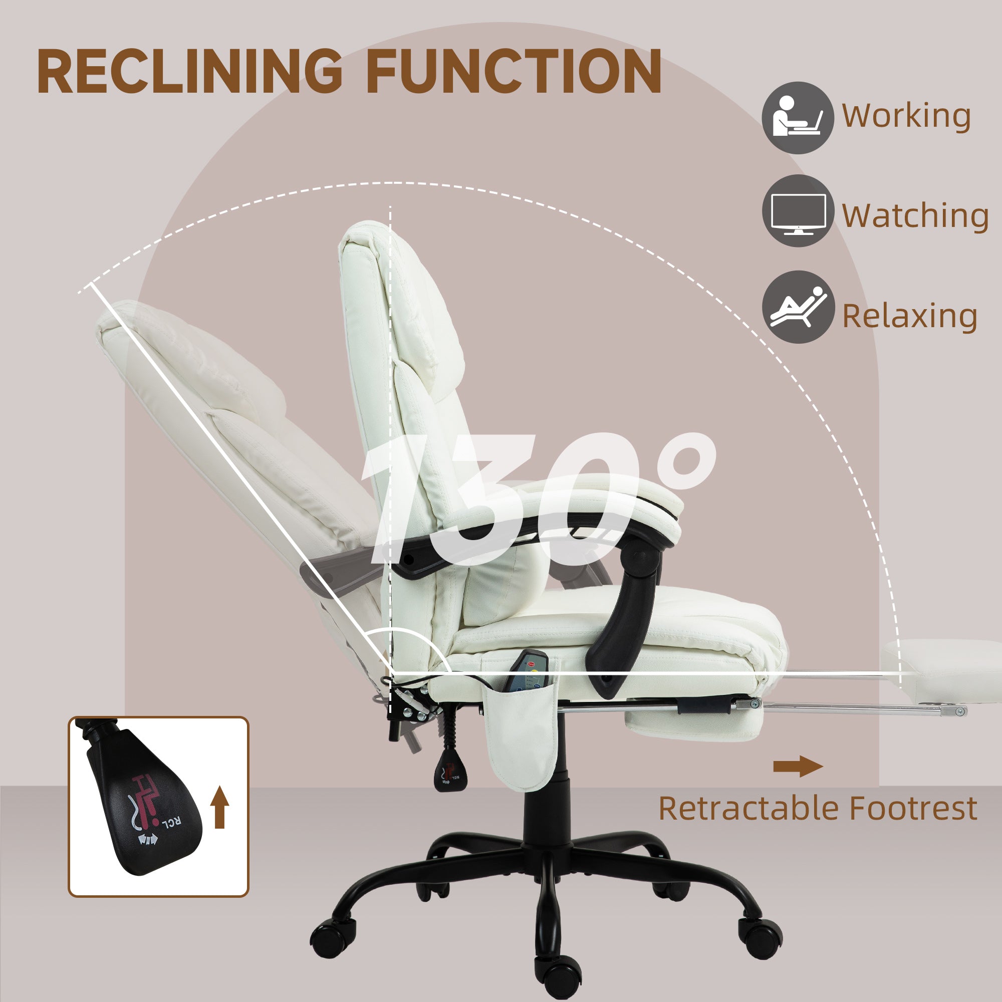 6-Point Massage Office Chair, PU Leather Desk Chair with Adjustable Height and Footrest for Home Office, White