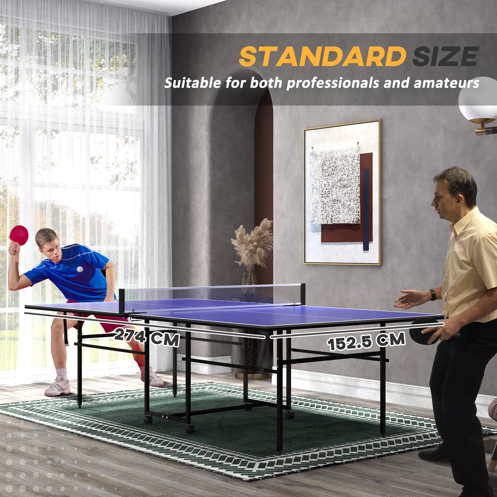 9FT Folding Table Tennis Table with 4 Wheels, for Indoor Use, Blue