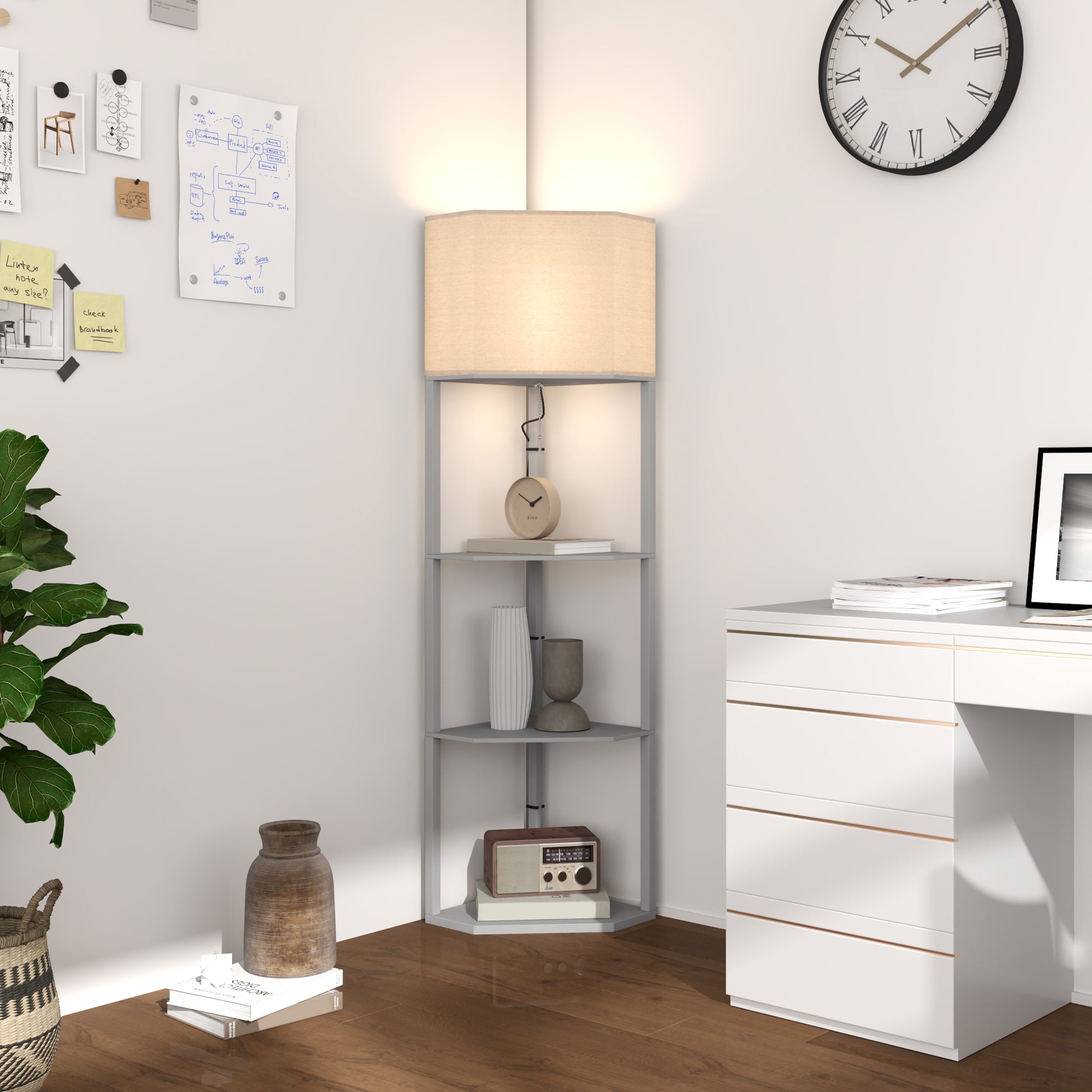 Corner Floor Lamp with Shelves, Tall Standing Lamps for Living Room, with Pull Chain Switch Bulb not Included, Grey