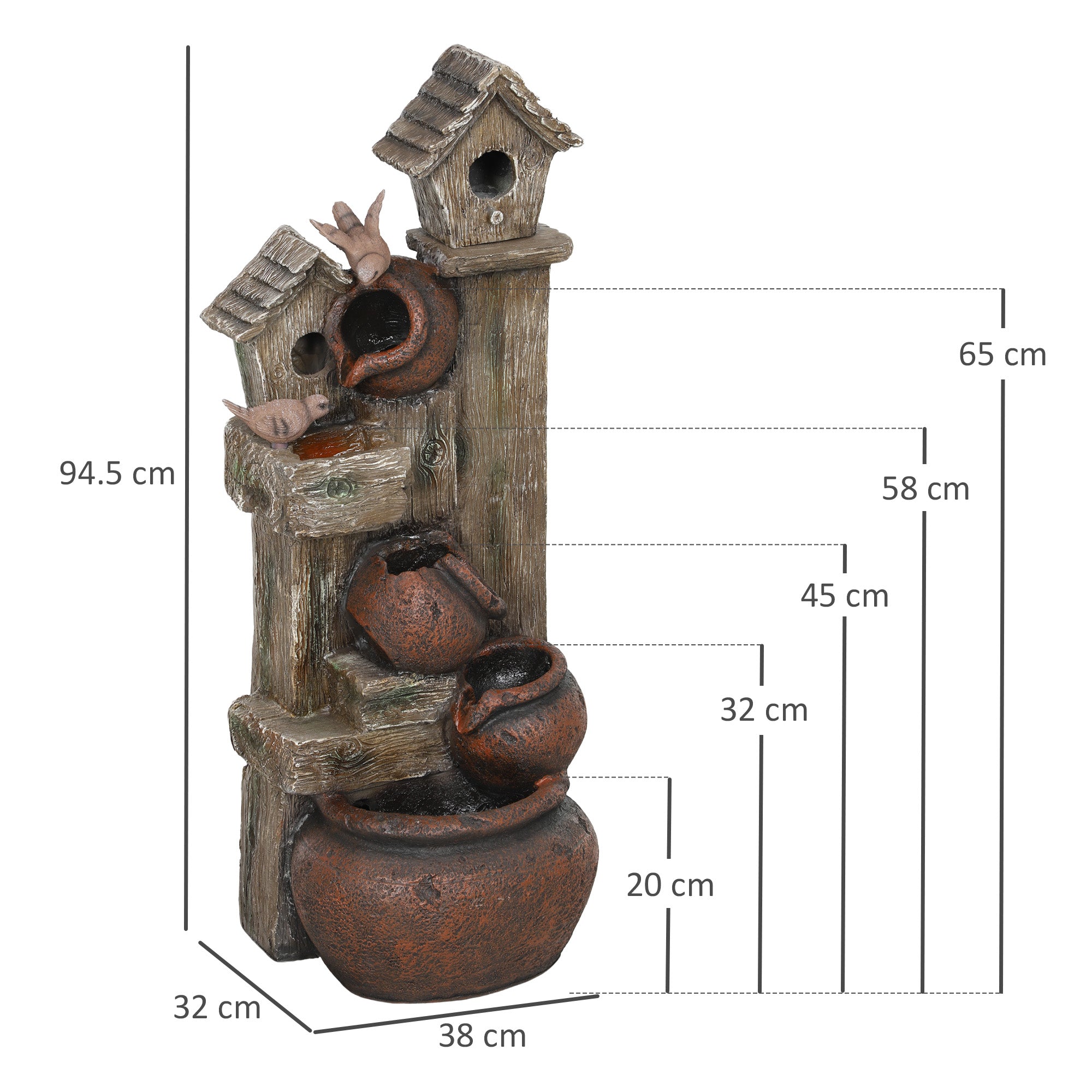 2-in-1 Resin Waterfall Fountain with Birdhouse and LED Lights, Tree Trunk Design - Multi-colour