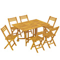 7 Pieces Garden Dining Set, Extending Dining Table and 6 Folding Chairs with Umbrella Hole for Patio, Natural Wood