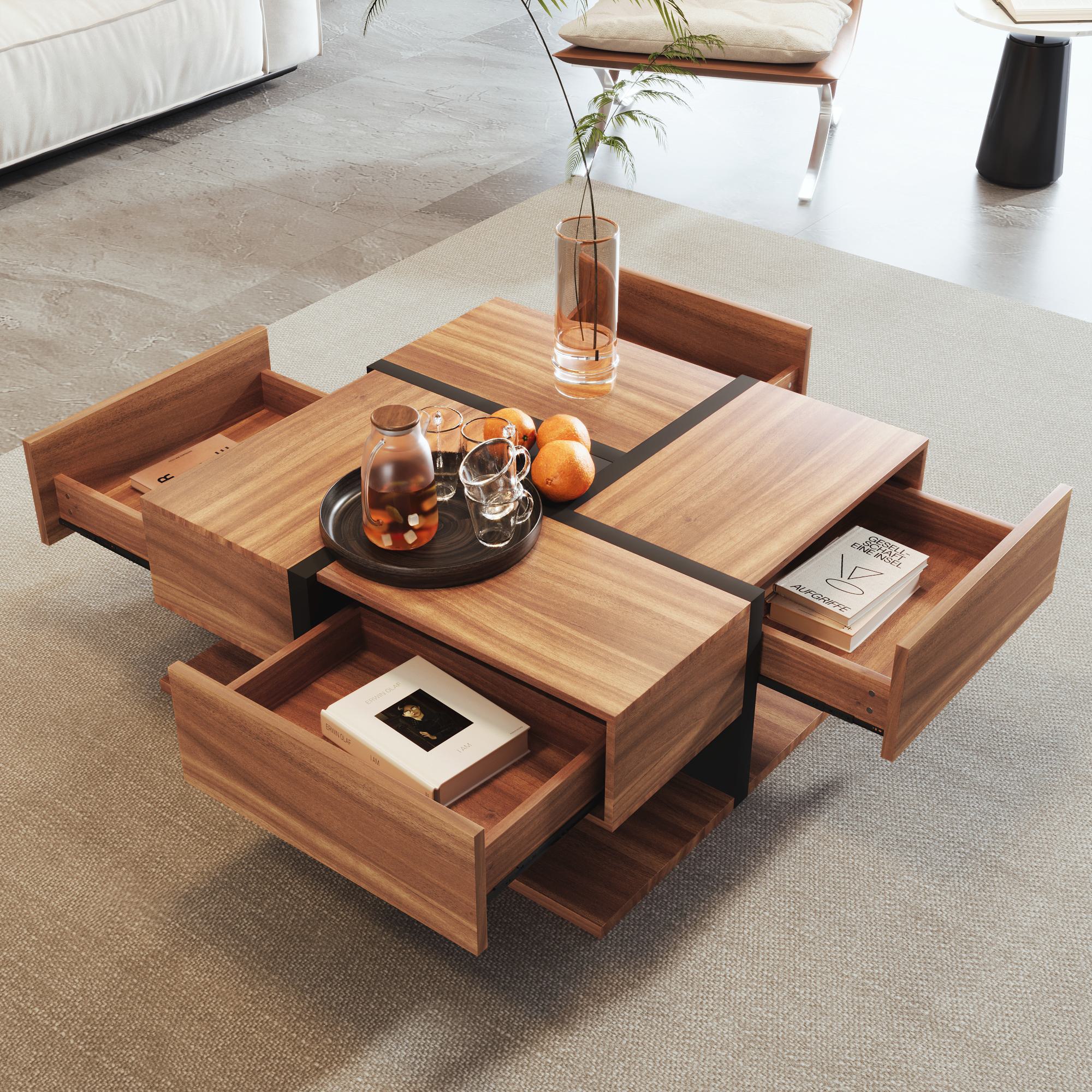 Square Coffee Table with 4 Drawers, Unique Pattern, Bottom Storage, 78L x 78W x 36H cm, Natural