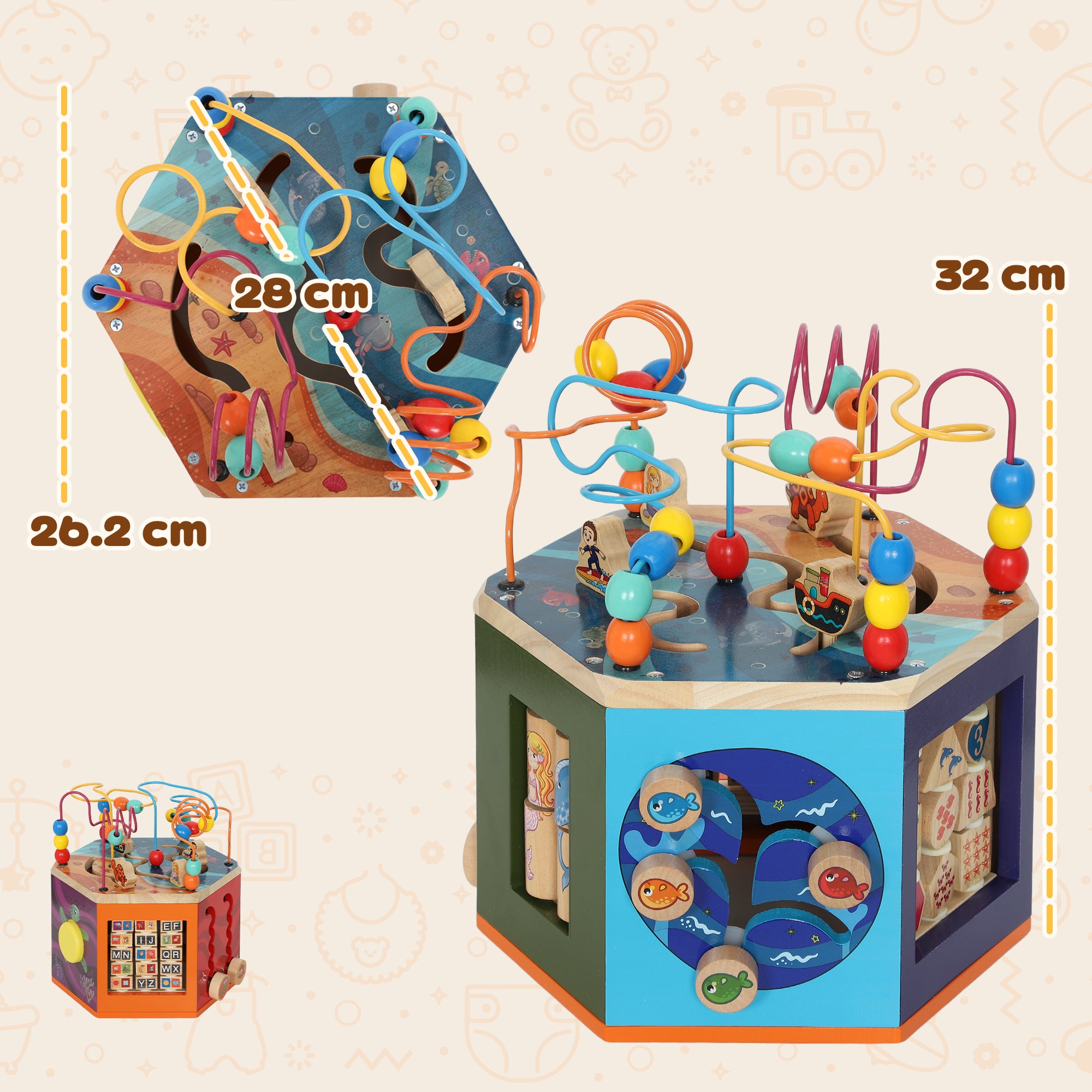 Wooden Activity Cube, Baby Toys with Bead Maze, Pattern Sorter for Toddlers Boys and Girls 18+ Months