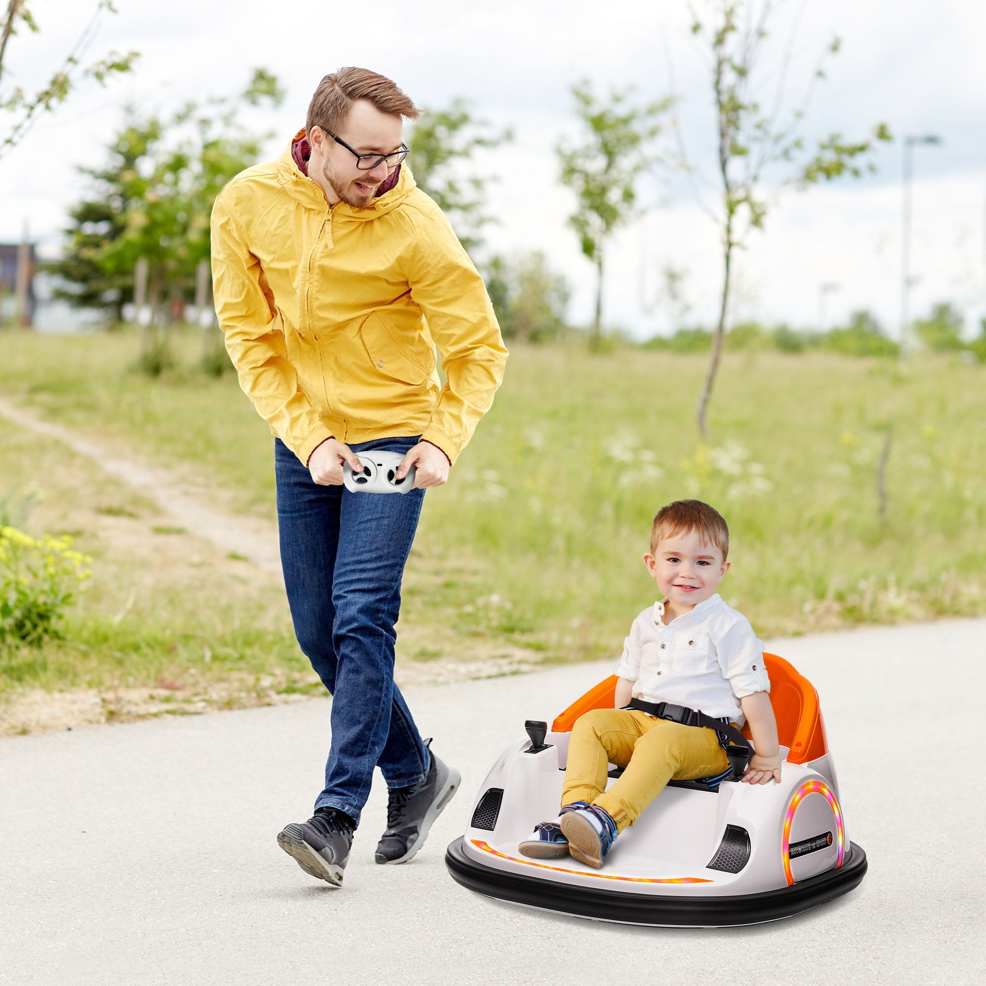 360° Rotation Kids Bumper Car, 12V Waltzer Car with Remote Control, Dual Joysticks, Music Lights - Orange