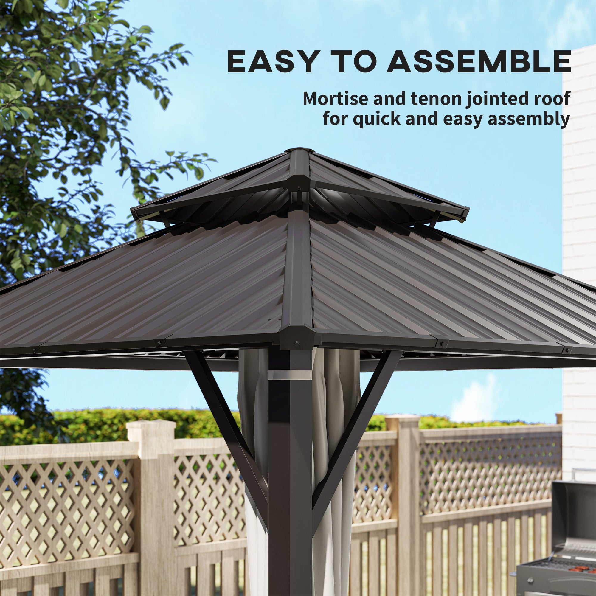 3 x 3m Hardtop Gazebo Canopy with Double Metal Roof, Netting & Curtains - Beige