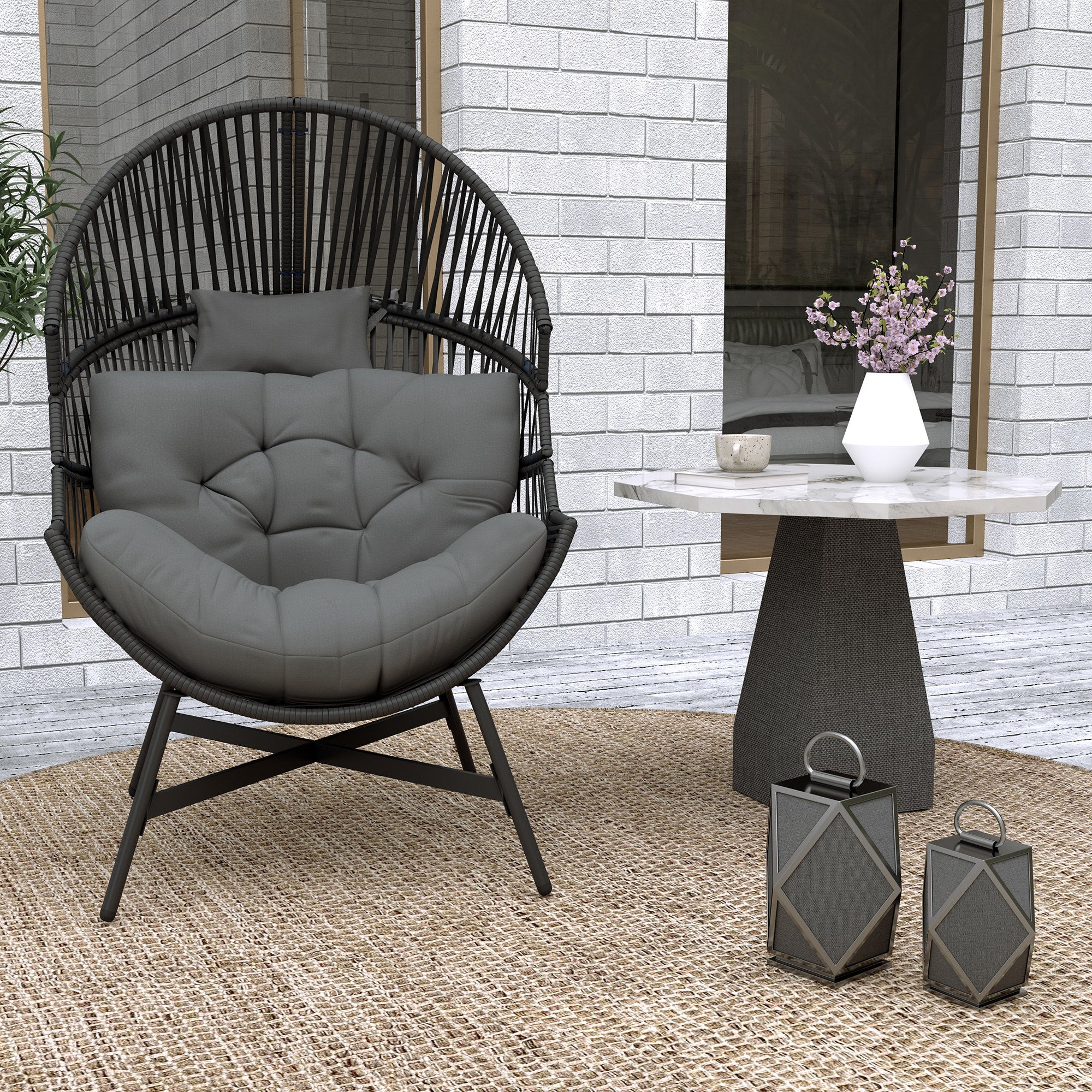 Standing Rattan Egg Chair with Steel Frame and Thick Cushion - Charcoal Grey