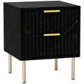Elegant Two-Drawer Bedside Table with Marble Pattern and Gold Accents - Black