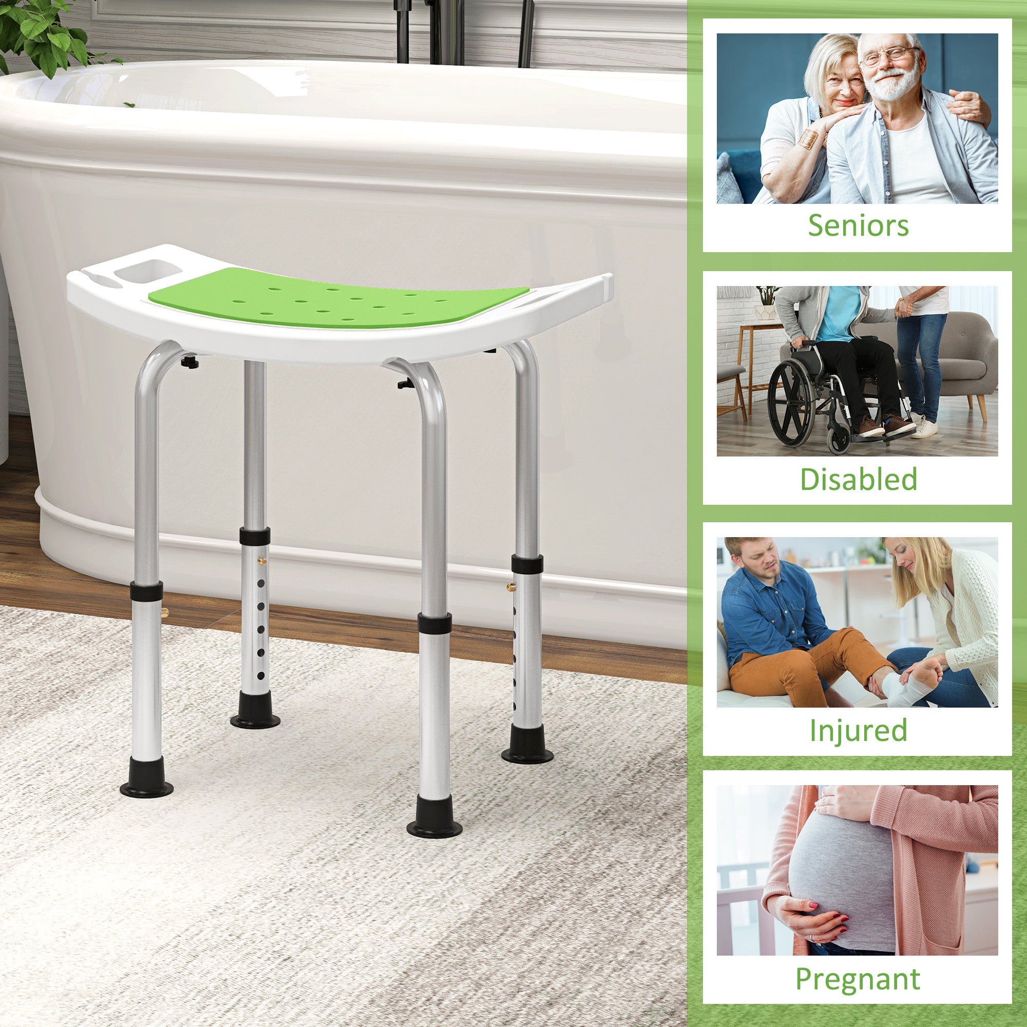 6-Level Height Adjustable Aluminium Bath Room Stool Chair Shower Non-Slip Design w/ Padded Seat Drainage Holes Foot Pad, Green