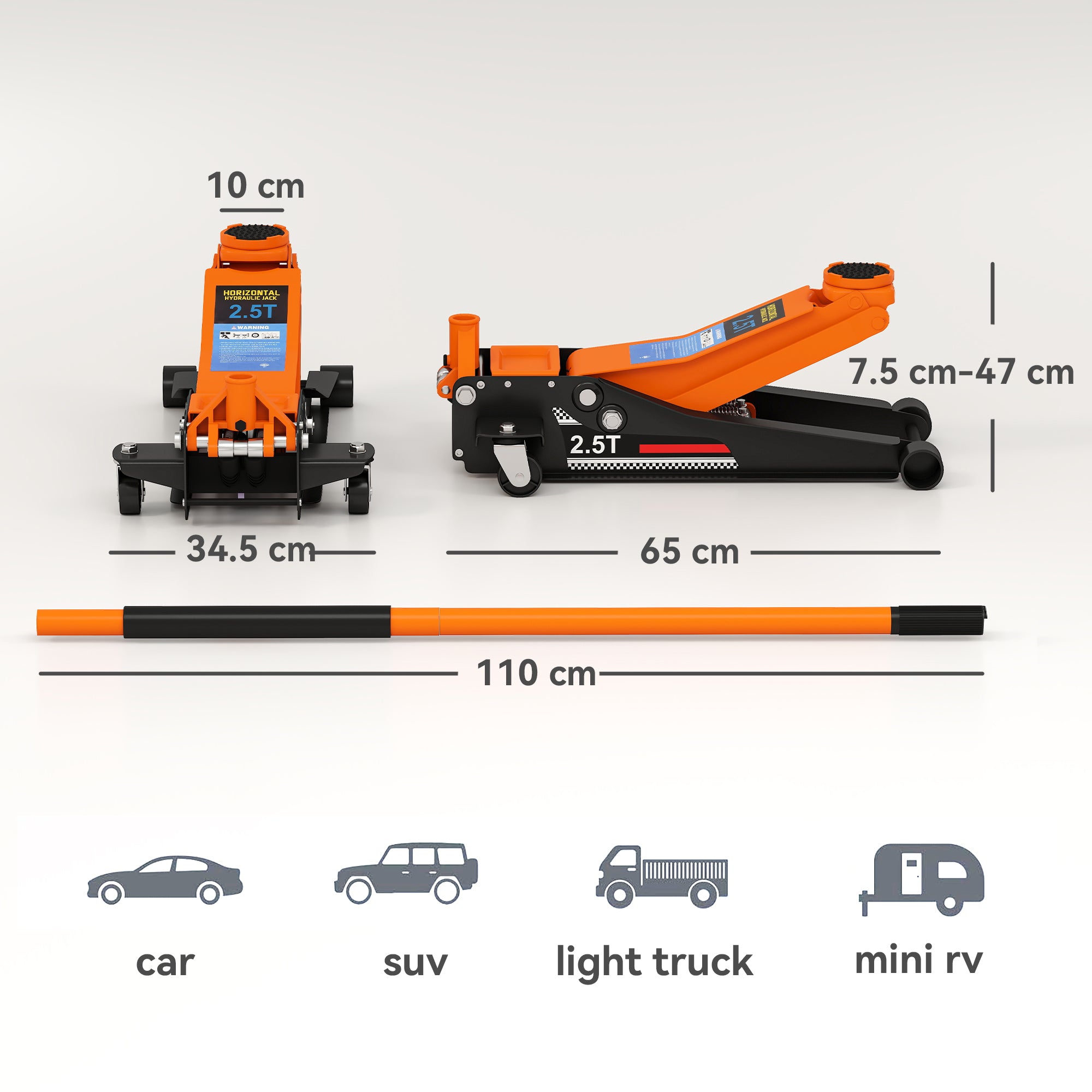 2.5 Ton Hydraulic Low-Profile Floor Jack, with 7.5-47cm Lifting Range, Wheels, Orange