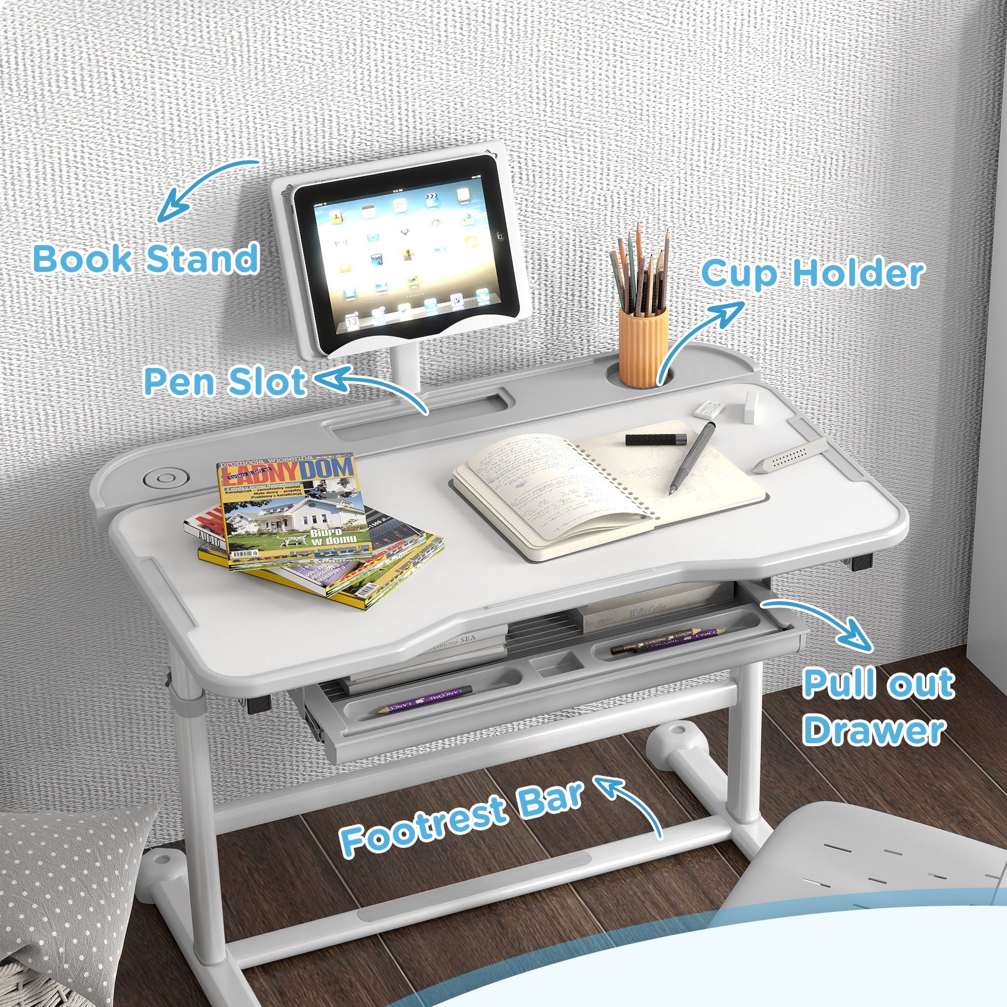 Height Adjustable Kids Desk and Chair Set, School Study Writing, Reading Table Chair Set w/ Tilted Desktop, Grey