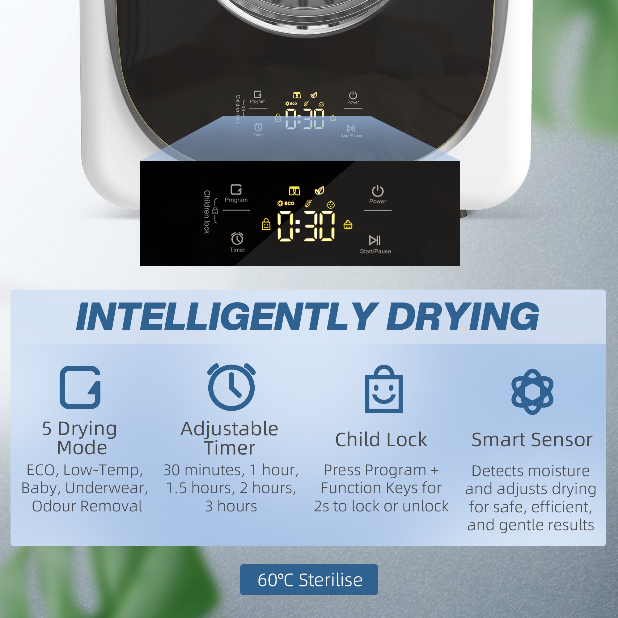 4kg Vented Tumble Dryer, 800W Compact Freestanding Front Tumble Dryer with 5 Drying Mode, Smart Sensor, Timer and Stainless Steel Tub, Wall-Mounted Portable Small Clothes Drying Machine, White