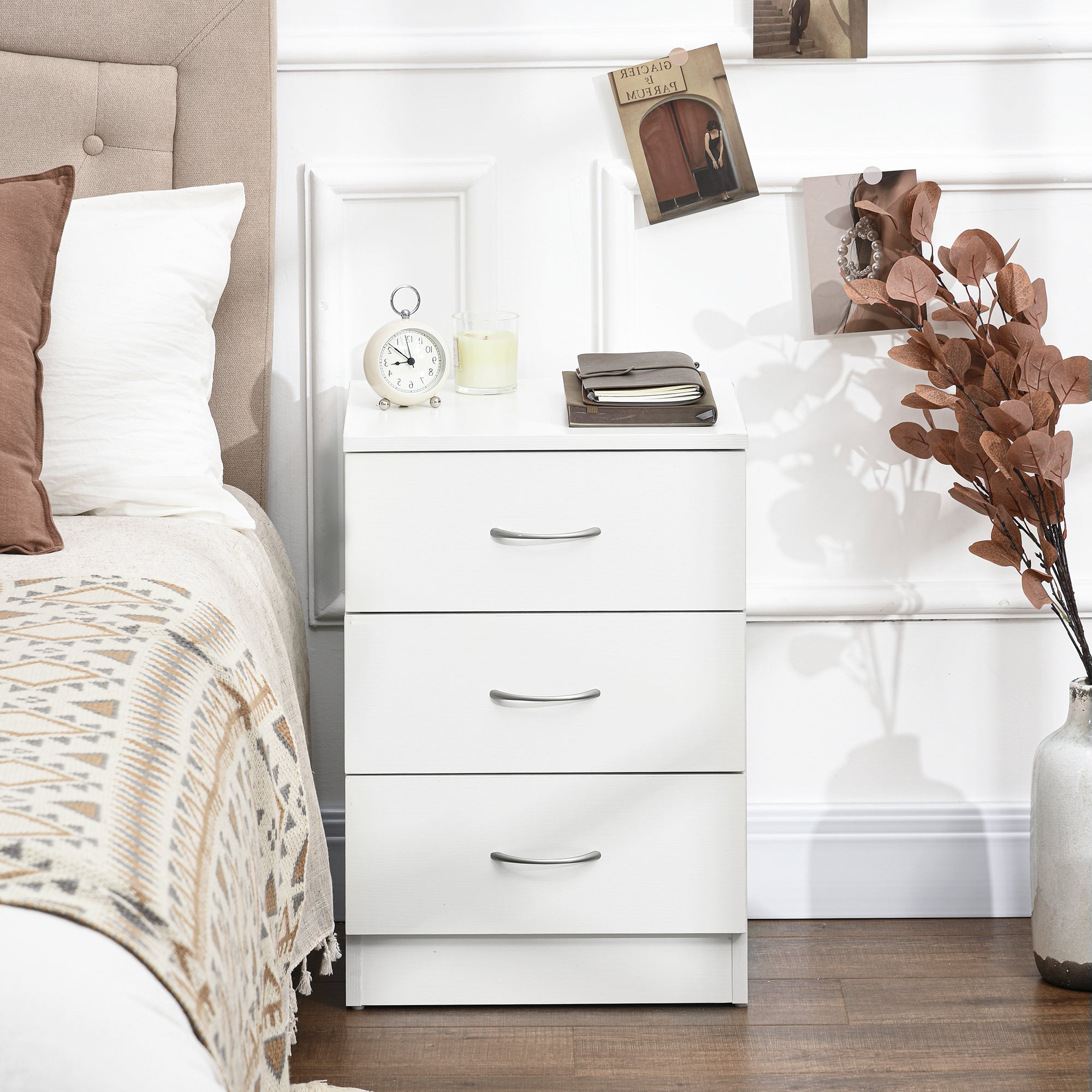 Three-Drawer Simple Bedside Table - White
