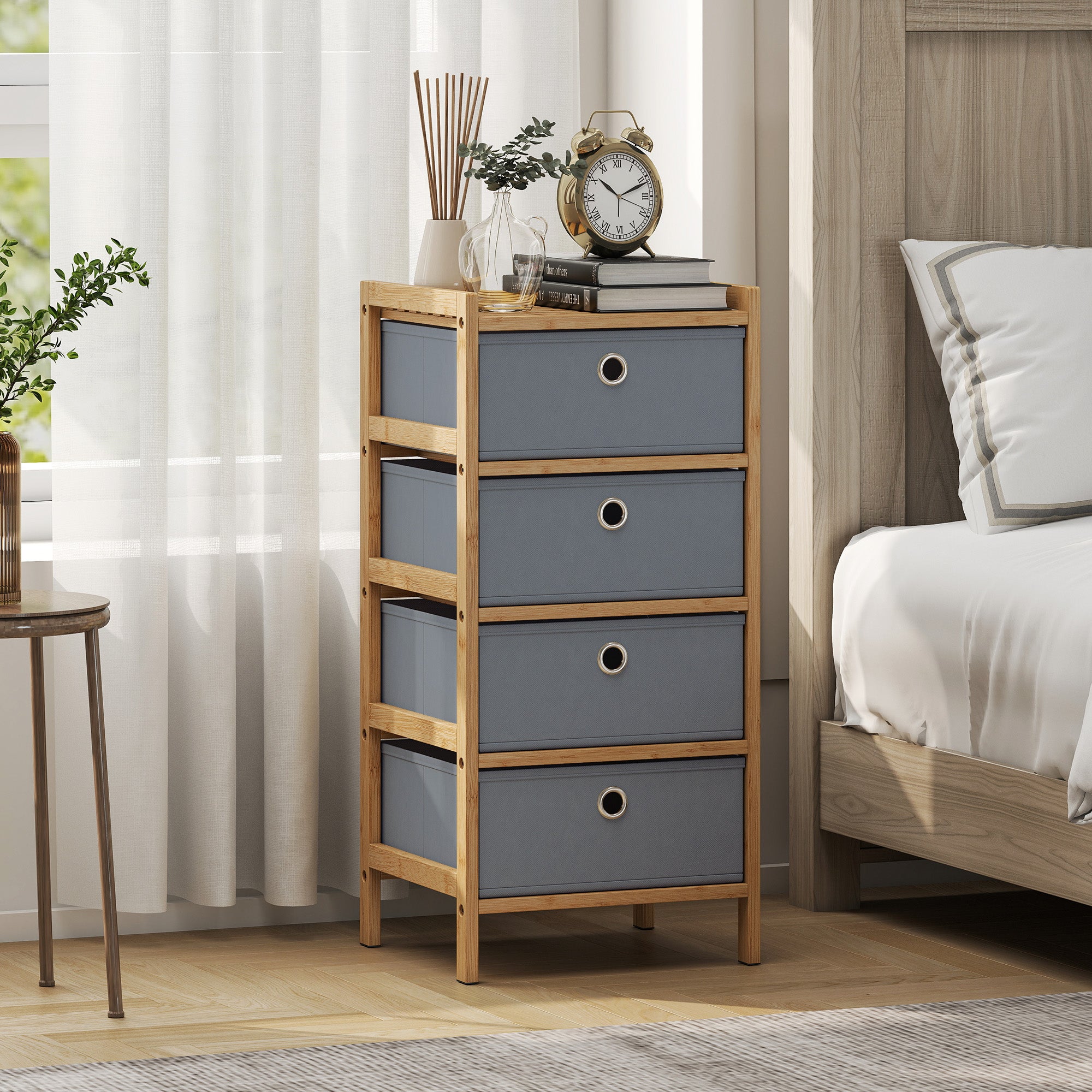 Chest of Drawers, 4 Fabric Drawers Narrow Dresser with Bamboo Frame, Light Grey