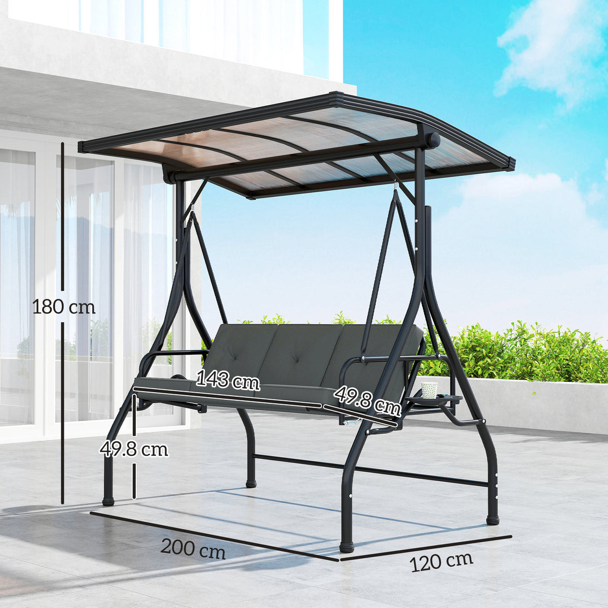 Convertible Three-Seater Swing Bench with Adjustable Canopy and Cup Trays - Dark Grey