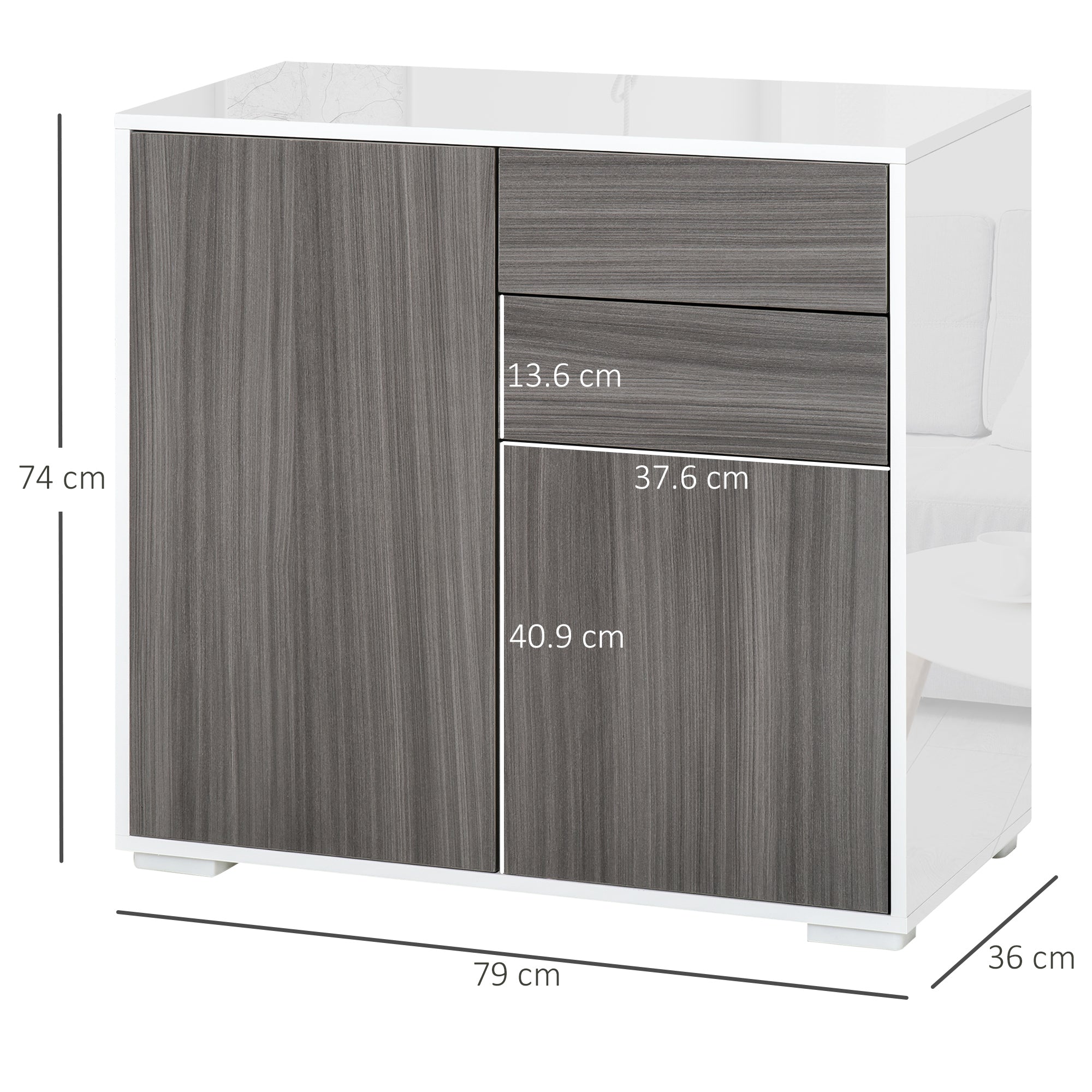 High Gloss Frame Sideboard, Side Cabinet, Push-Open Design with 2 Drawer for Living Room, Bedroom, Grey