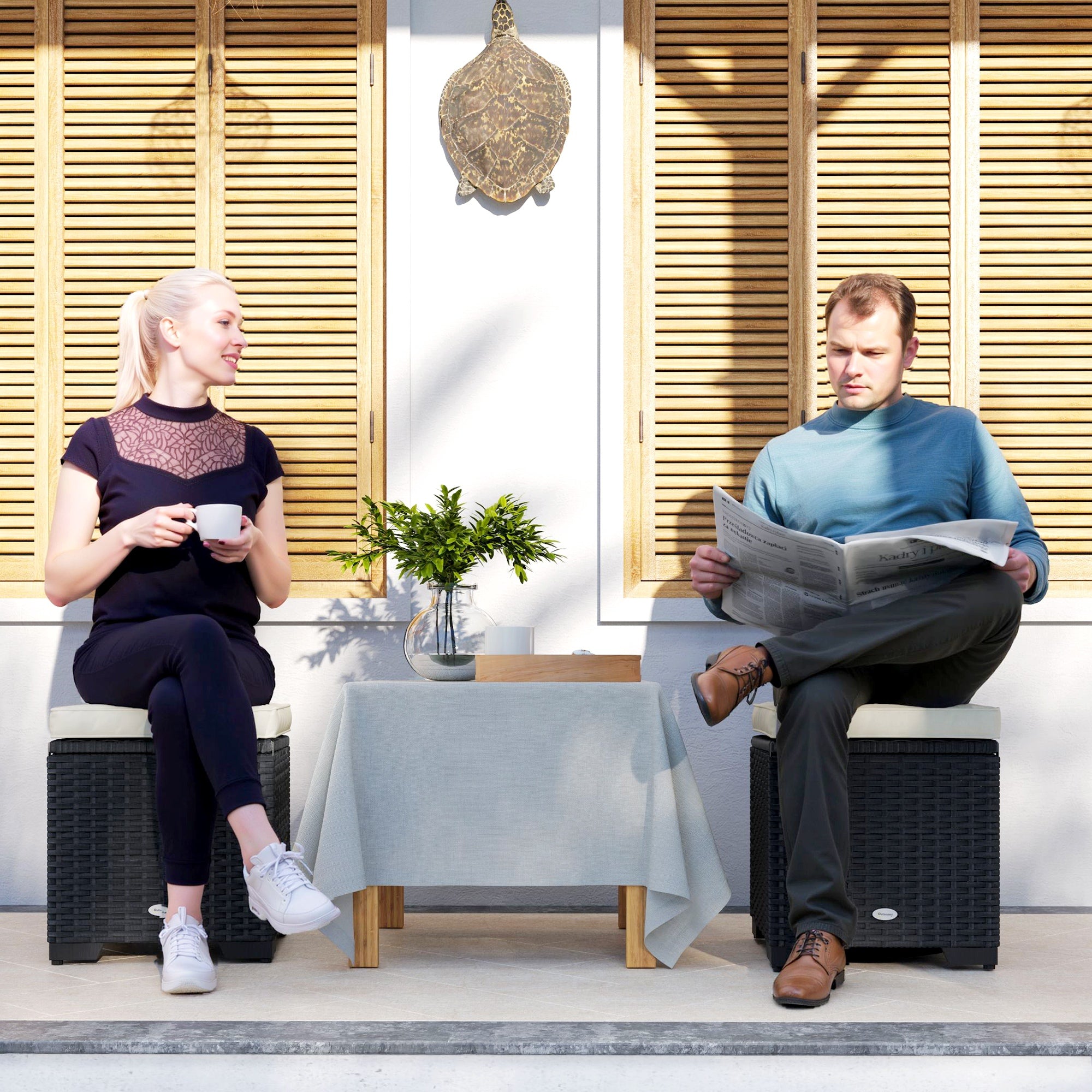 Set of 2 Rattan Storage Ottomans with Removable Cushions - Cream