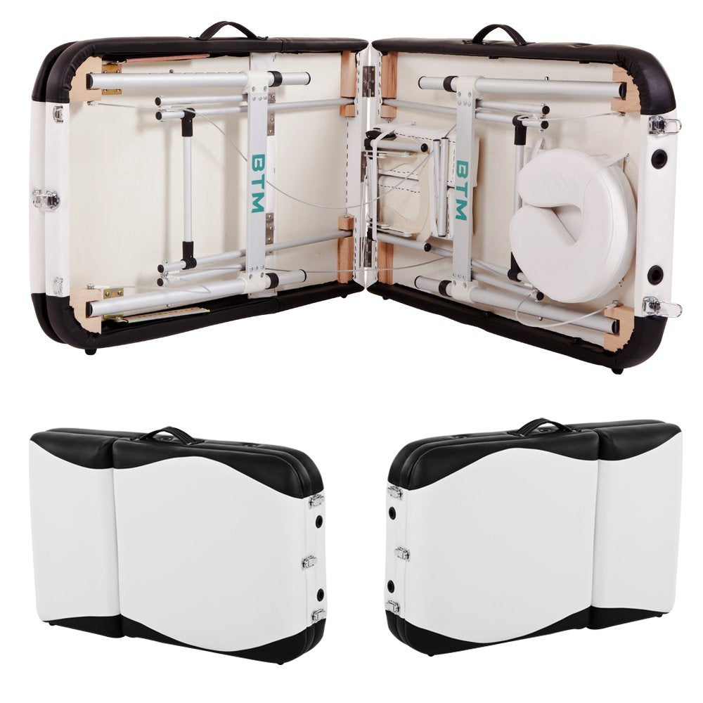 Portable Aluminium Massage Table, 3-Section Foldable Couch Bed with Adjustable Headrest, Arm Support, and Carrying Bag, White