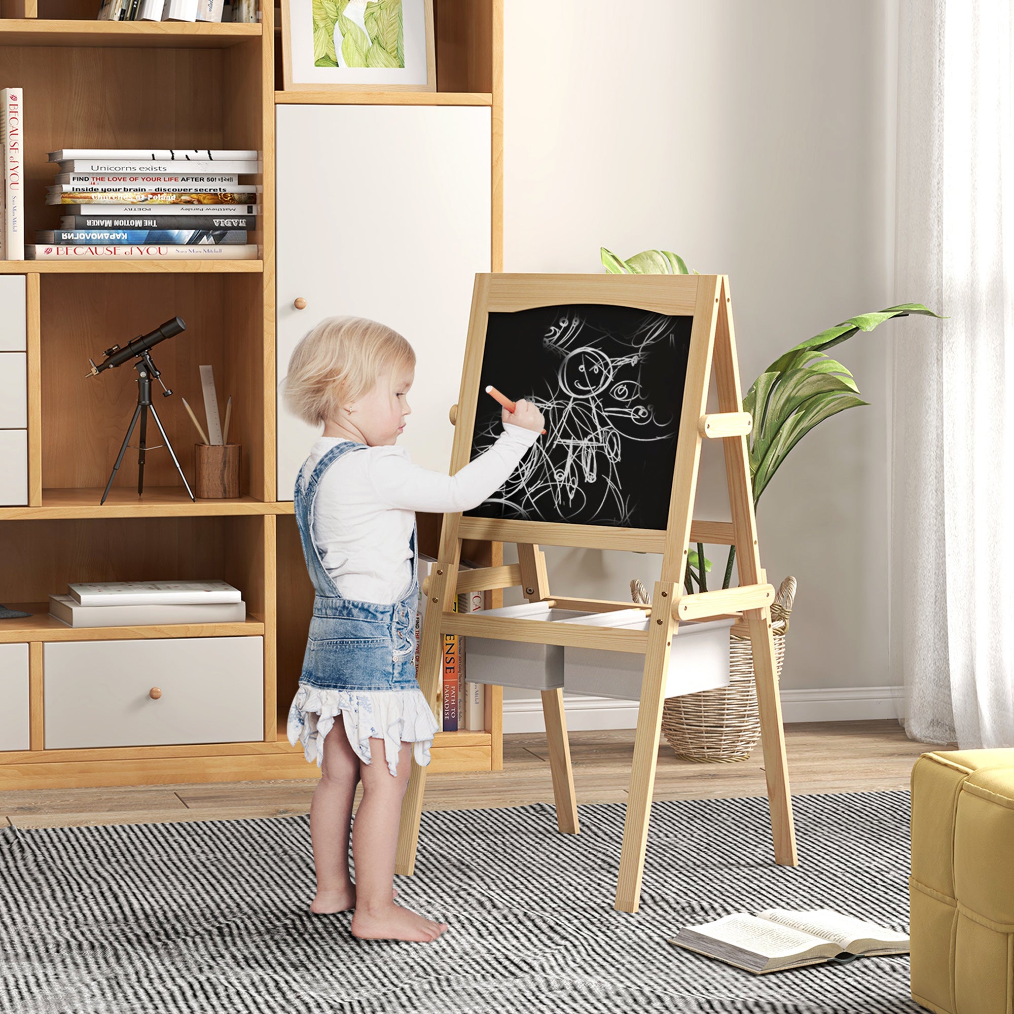 Kids Easel with Paper Roll, 3 in 1 Art Easel for Toddlers, Double-Sided Kids Whiteboard Blackboard with Storage Baskets for Ages 3-6 Years - Natural Wood Finish