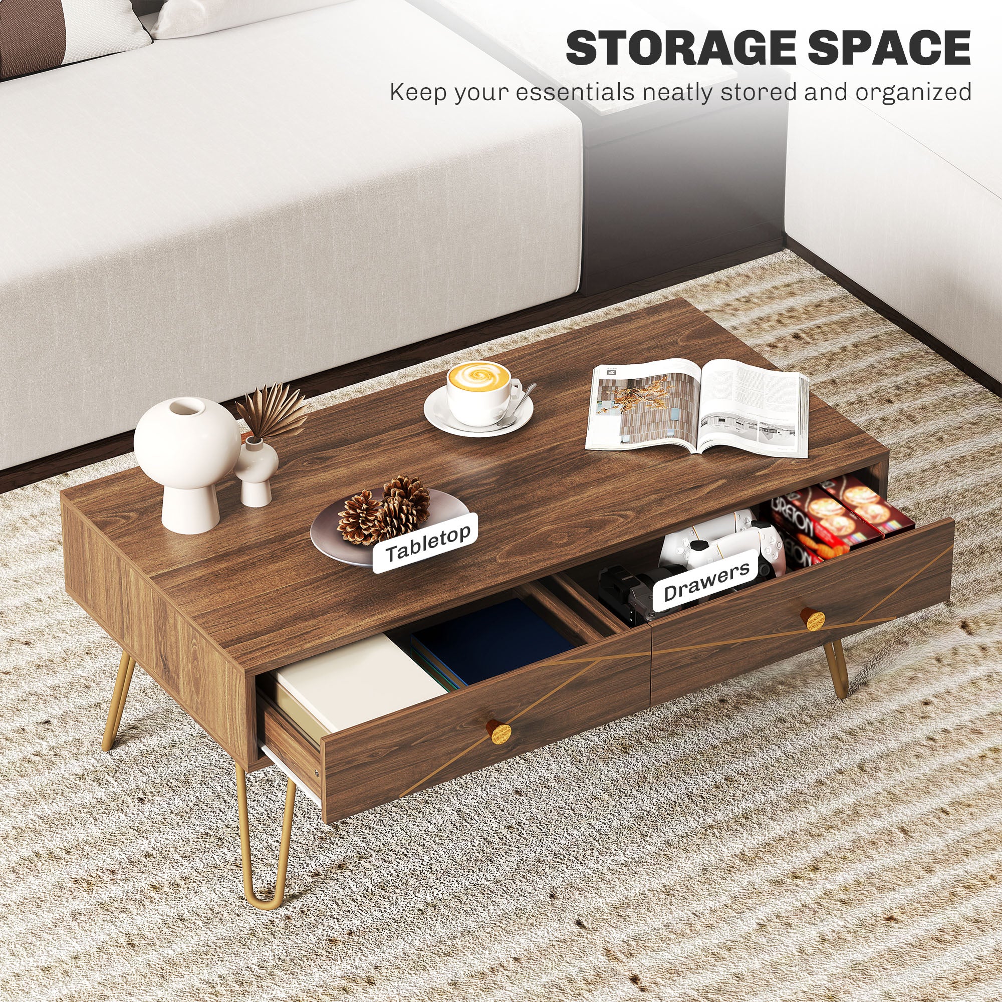 Rectangular Coffee Table with Storage Drawers 100x50x41 cm Steel Base - Brown
