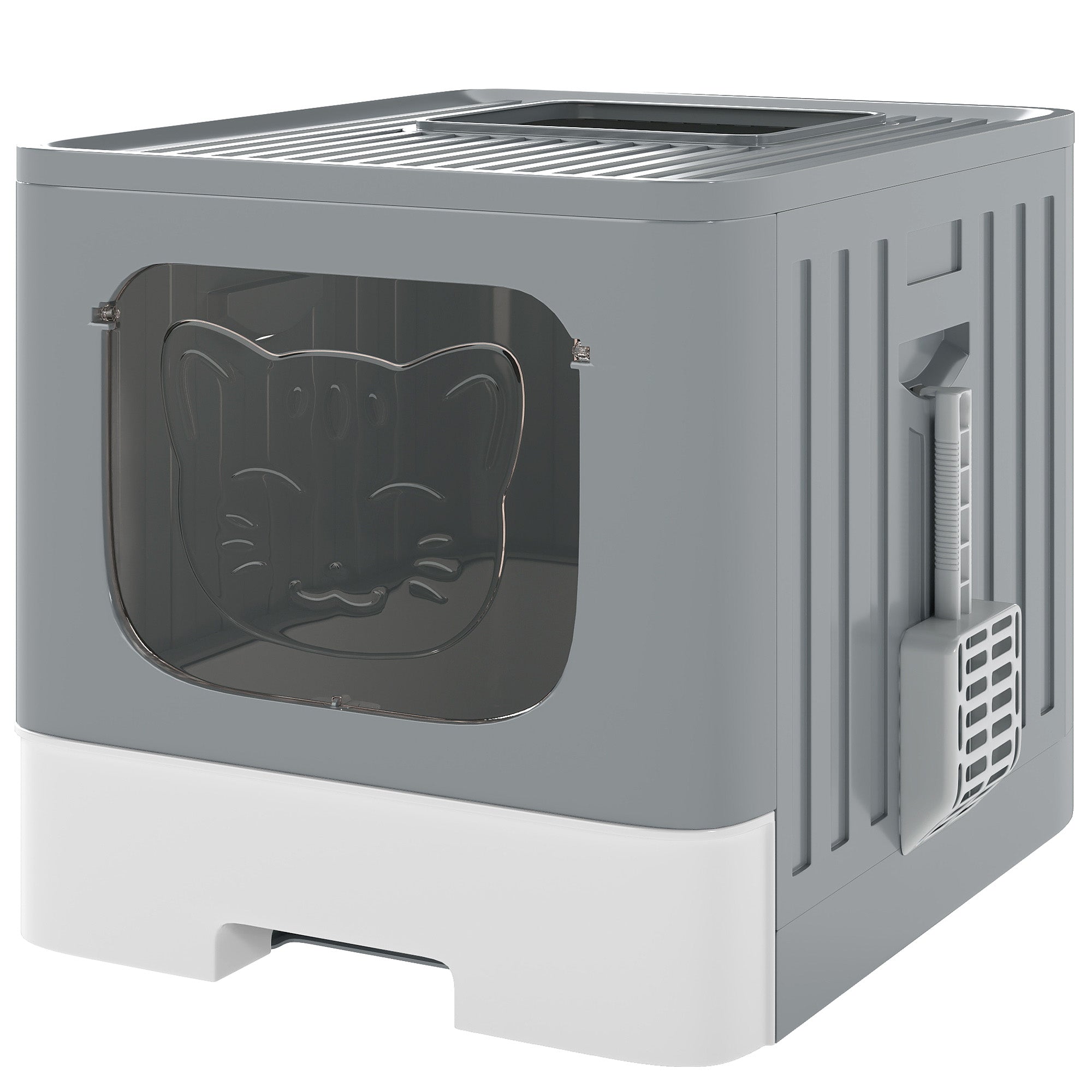Cat Litter Box with Lid, Slide-Out Drawer, Scoop, Easy Clean, Odour Control, Anti-Splashing, Grey