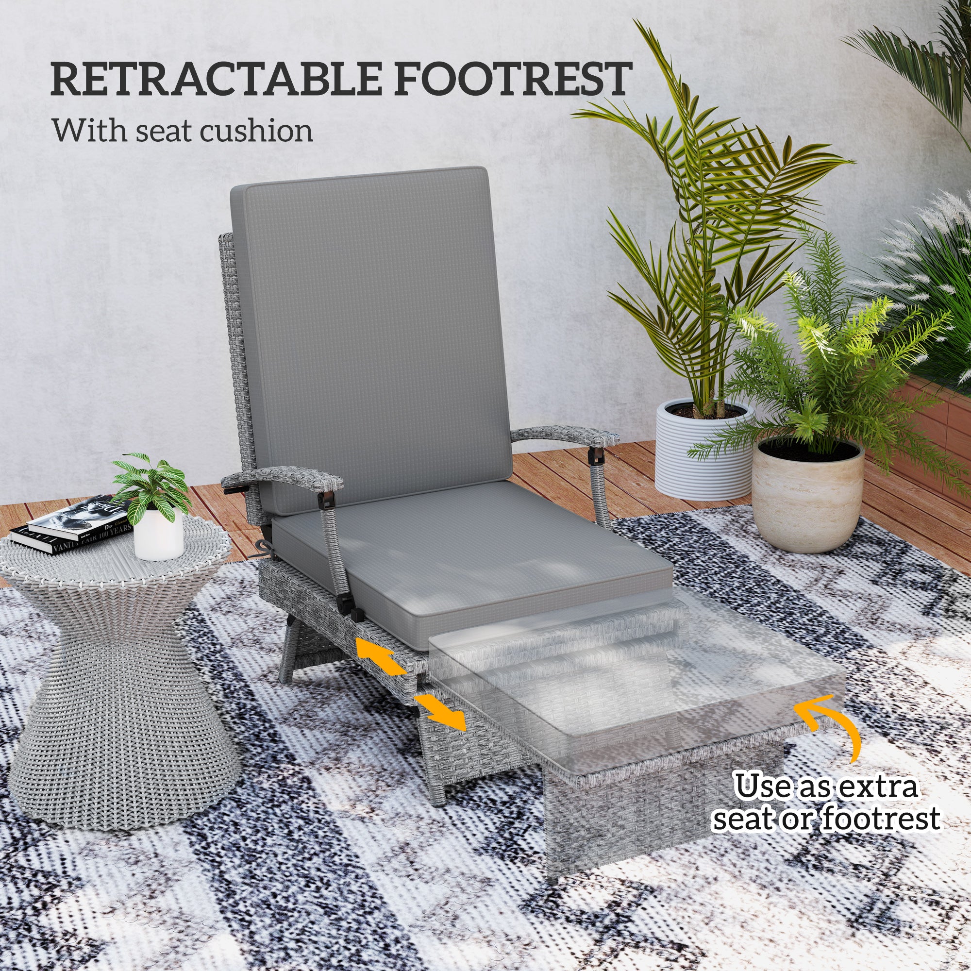 80° Reclining Rattan Lounger - Grey