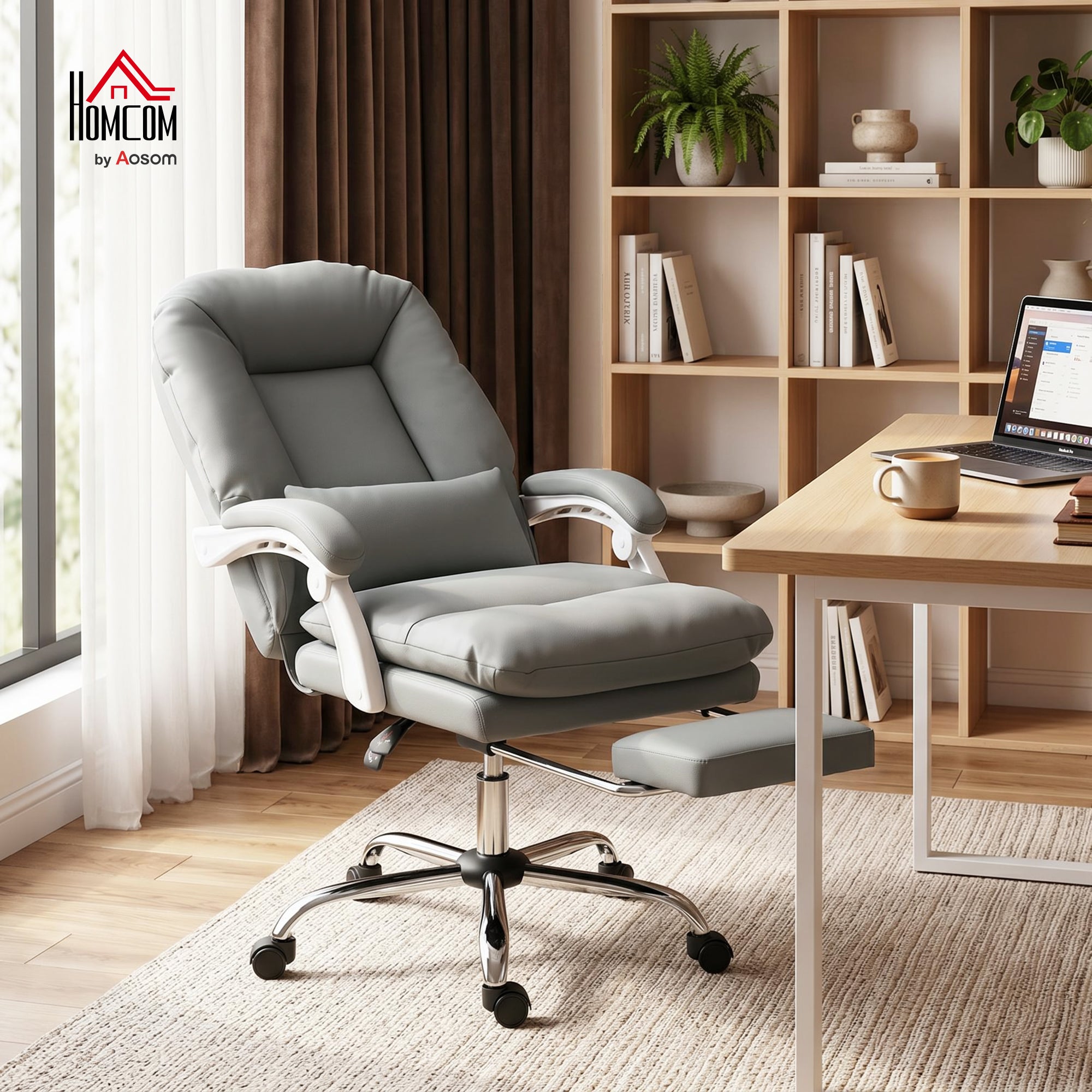Ergonomic Executive Office Chair, Reclining Desk Chair with Lumbar Support, Footrest, Plush Thick Cushion, Grey