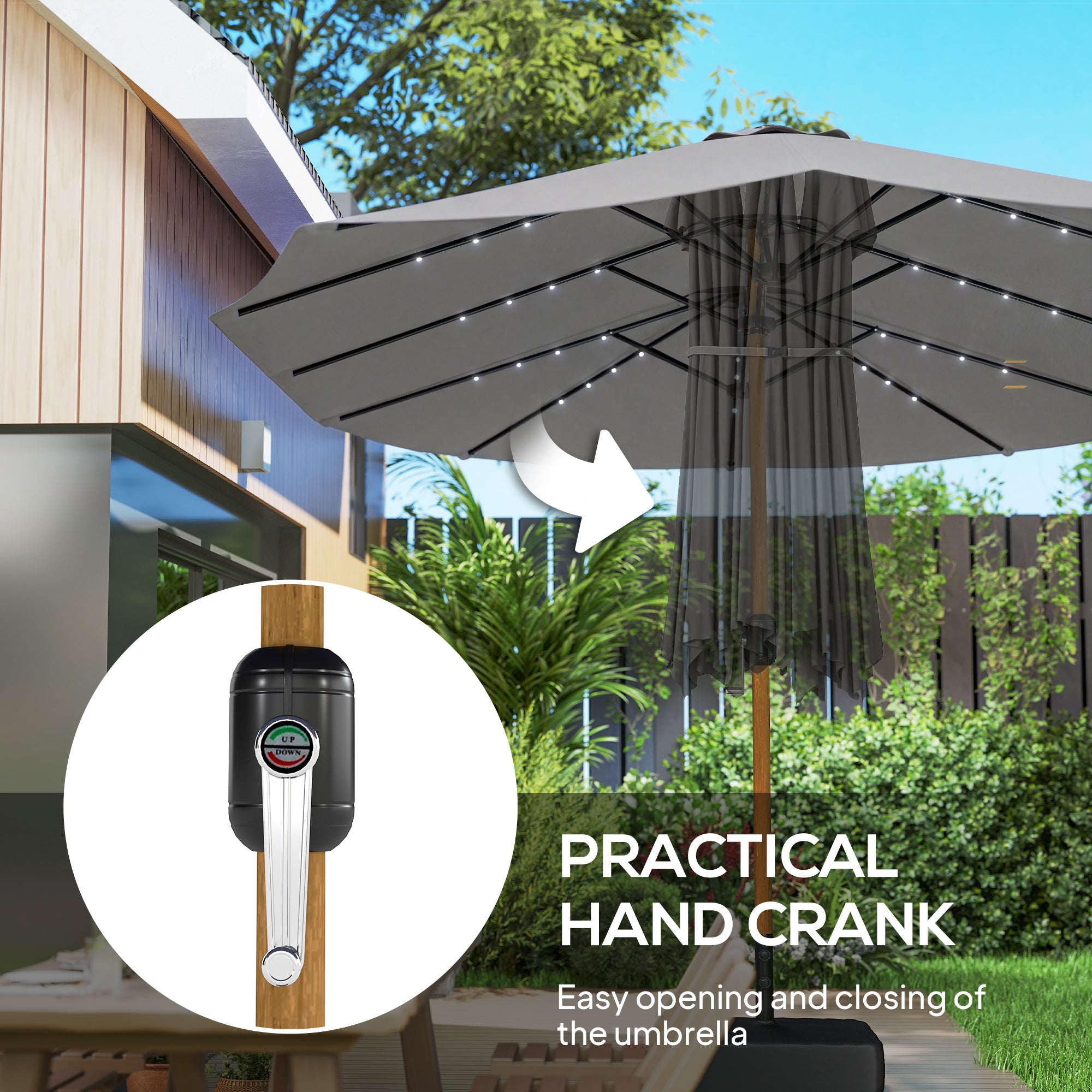 Double Sided Garden Parasol with Base Included & 48 Solar LED Lights Patio Umbrella Crank Handle 4.6m Light Grey