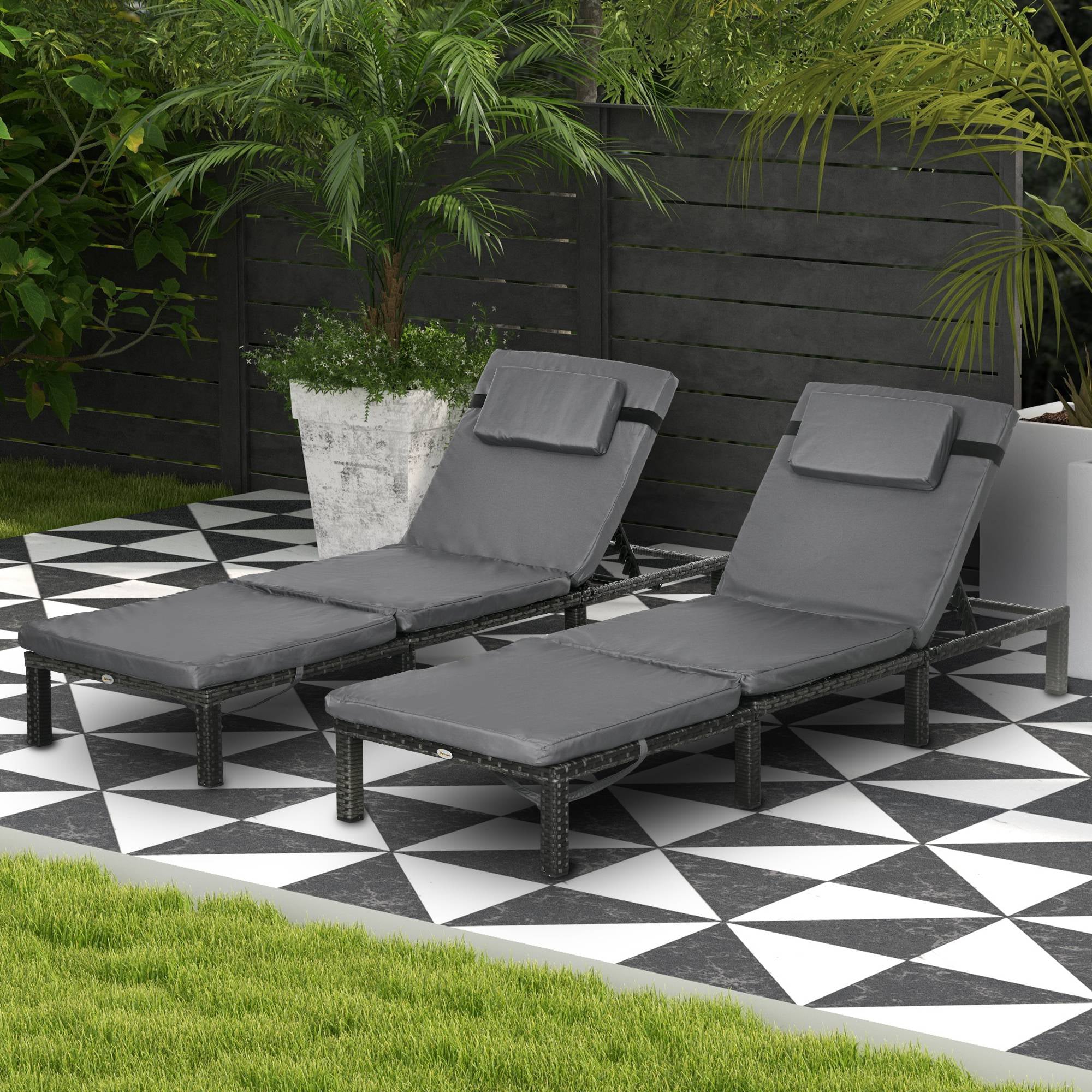 Set of Two Reclining Rattan Sun Loungers, with Cushions - Grey