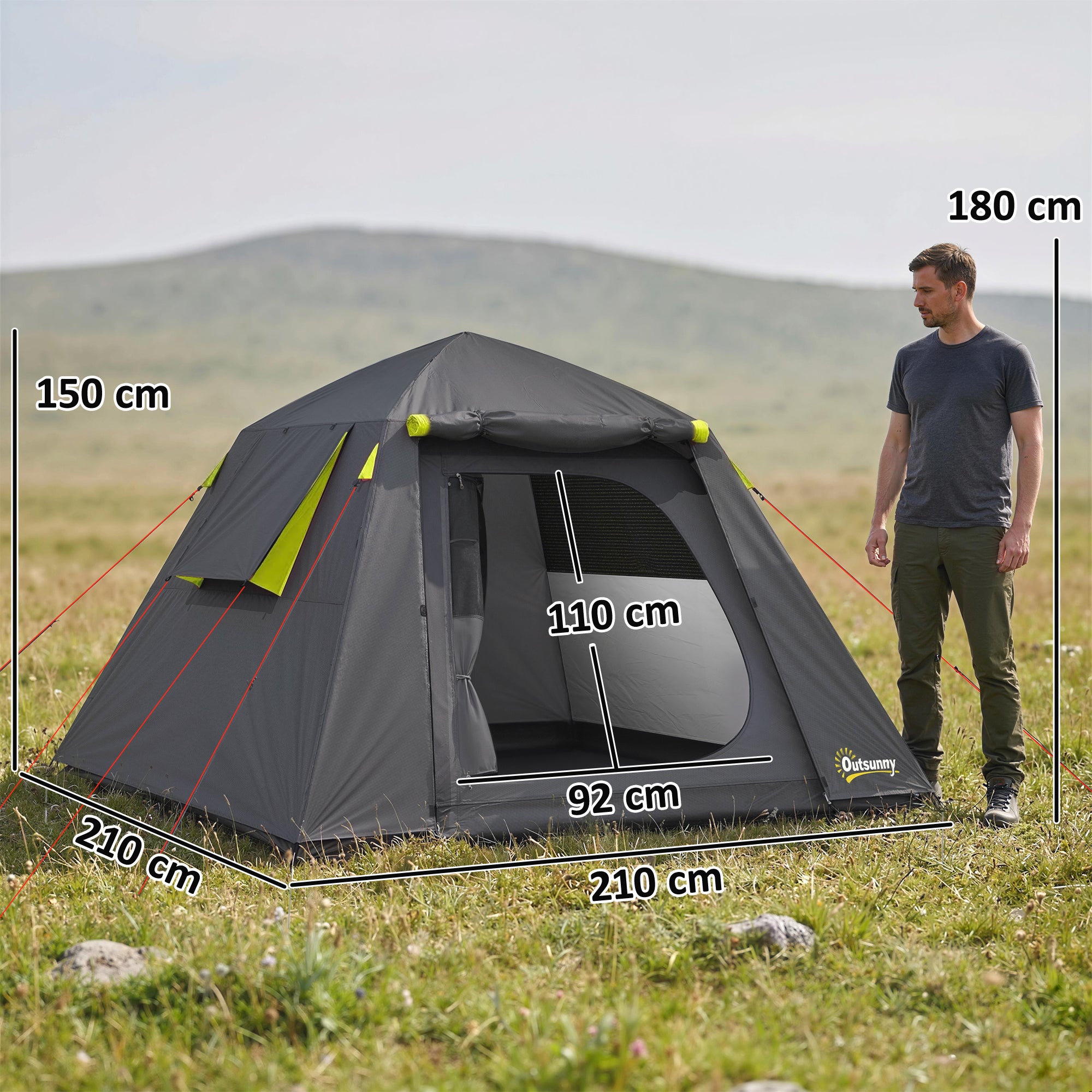 Camping Tent 3000mm Waterproof Tent with 2 Doors for 2 Person, Grey & Green