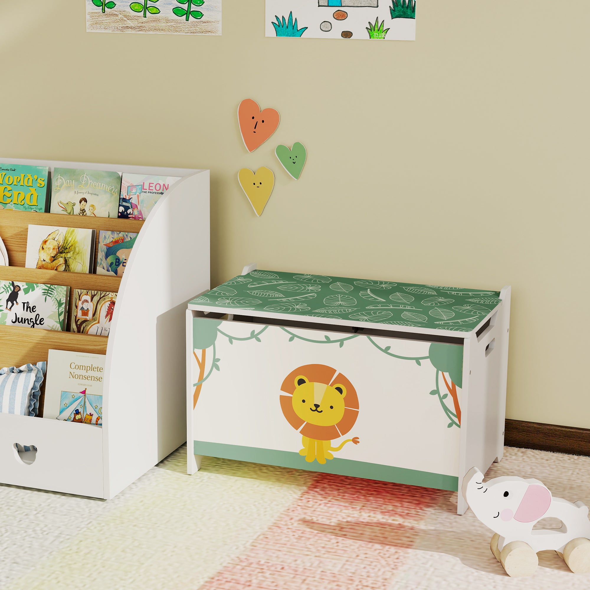 Toy Box with Lid, Safety Hinges and Groove Handles, Toy Storage organiser for Kids, Living Room, Playroom, Green