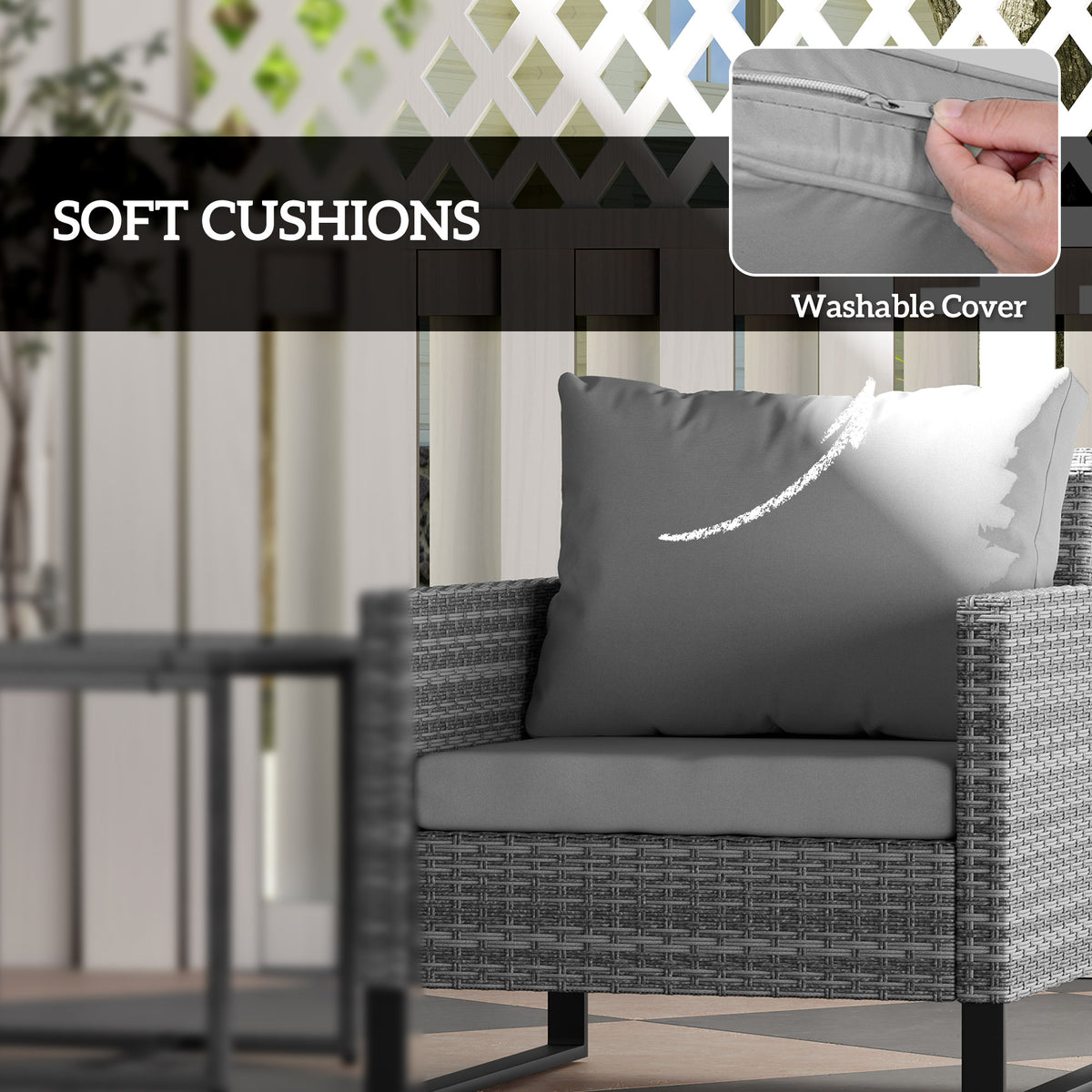 3 Piece Grey Rattan Bistro Set with Cushions and Glass Top Table