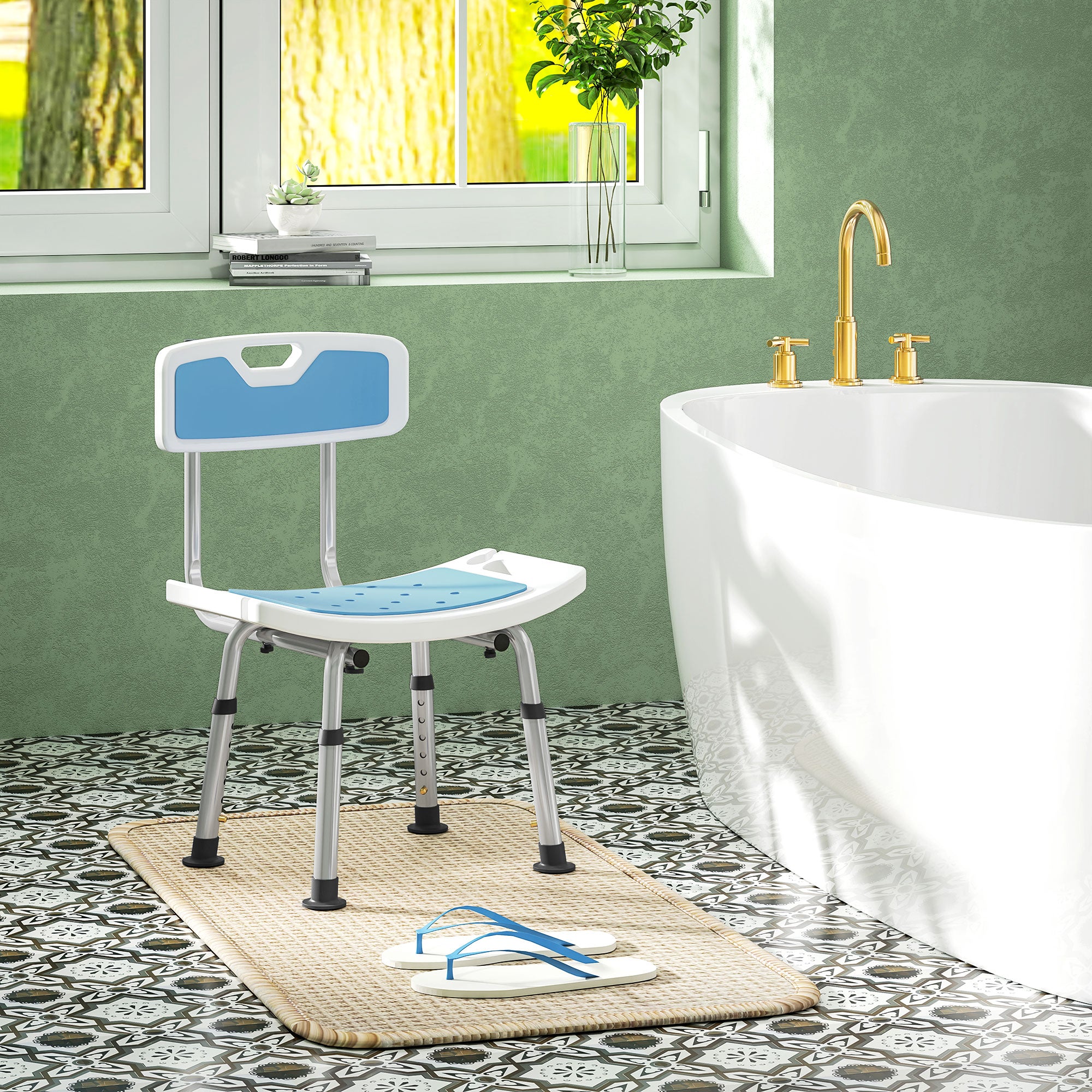 Shower Stool with Backrest, Height Adjustable Shower Chair with Anti-slip Foot Pads, Shower Head Holder, Light Blue