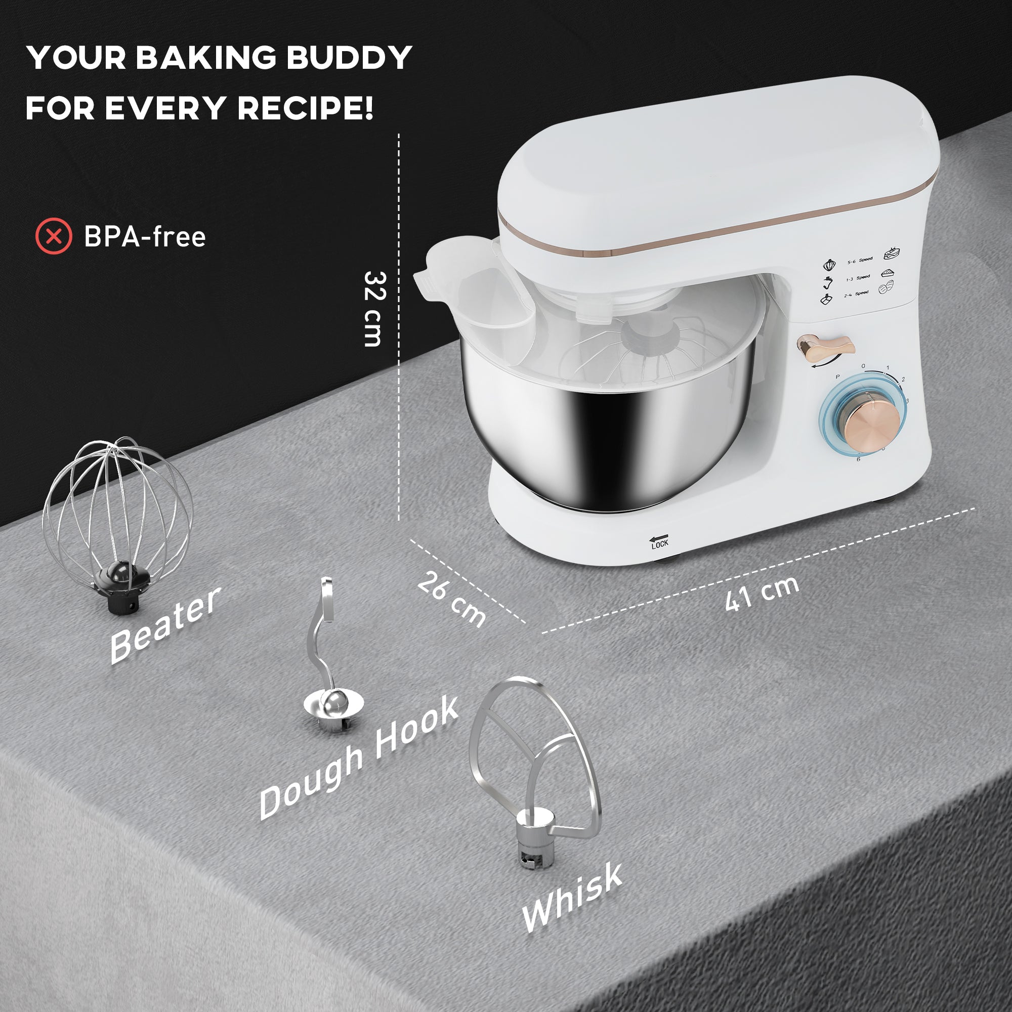 Stand Mixer, 5L Food Mixer for Baking, 6 Speeds and Pulse Setting, 1400W Cake Electric Kitchen Mixer with Dough Hook, Whisk, Stainless Steel Bowl, Splash Guard, Beater, White