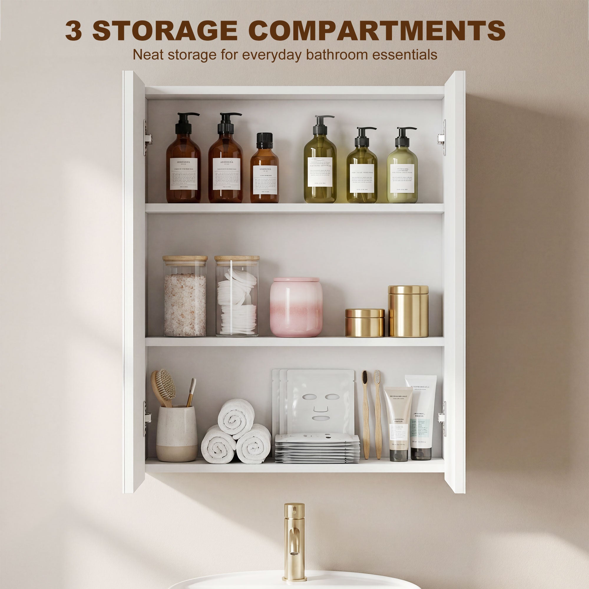 Wall Mounted Bathroom Mirror Storage Cabinet w/ Door Adjustable Shelf, White