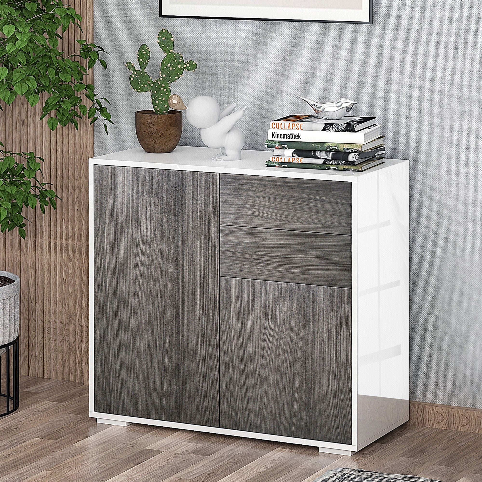 High Gloss Frame Sideboard, Side Cabinet, Push-Open Design with 2 Drawer for Living Room, Bedroom, Grey