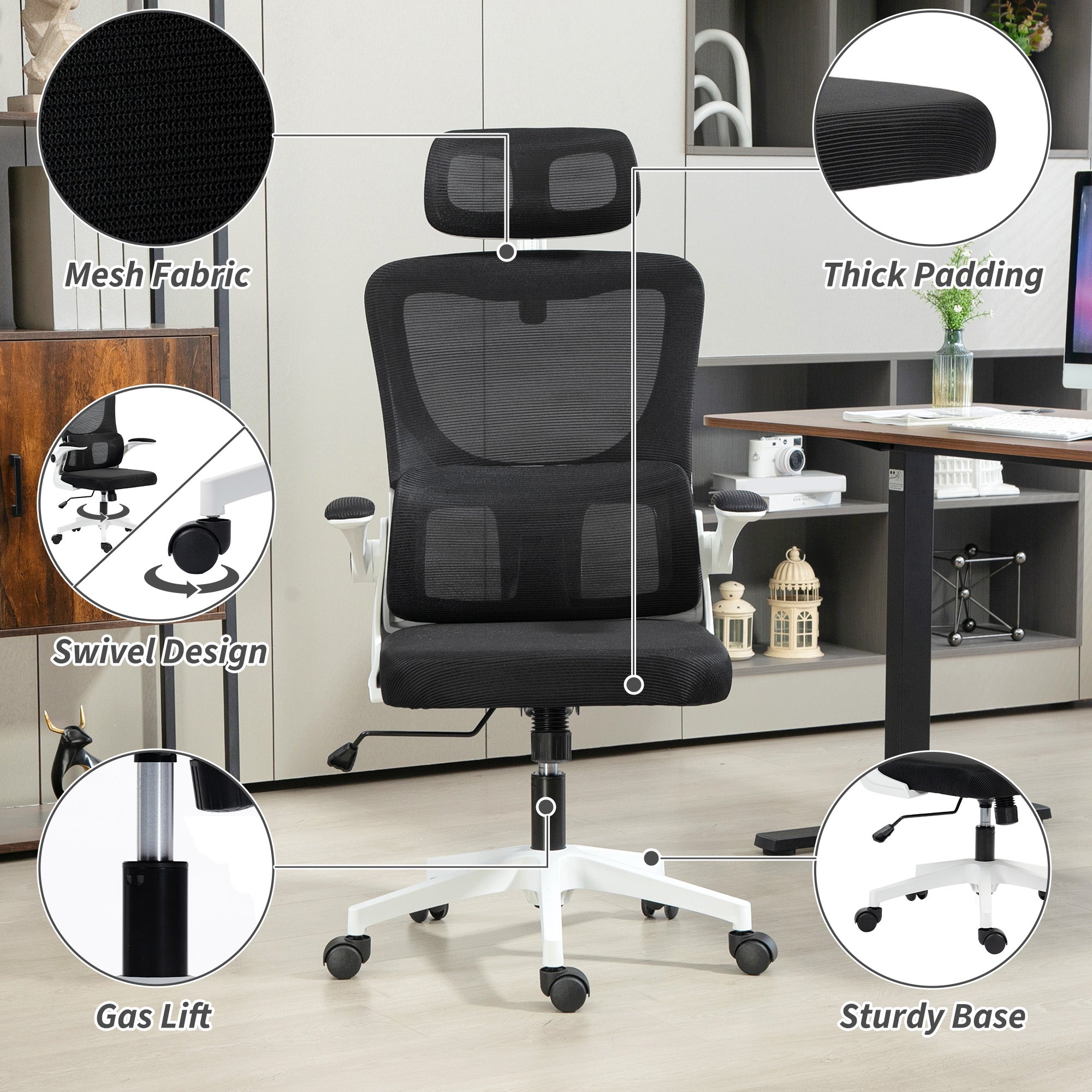 Ergonomic Office Chair, High Back Mesh Computer Desk Chair with Adjustable Headrest and Lumbar Support, Rotatable Armrests, Tilt Function for Home Office, Black