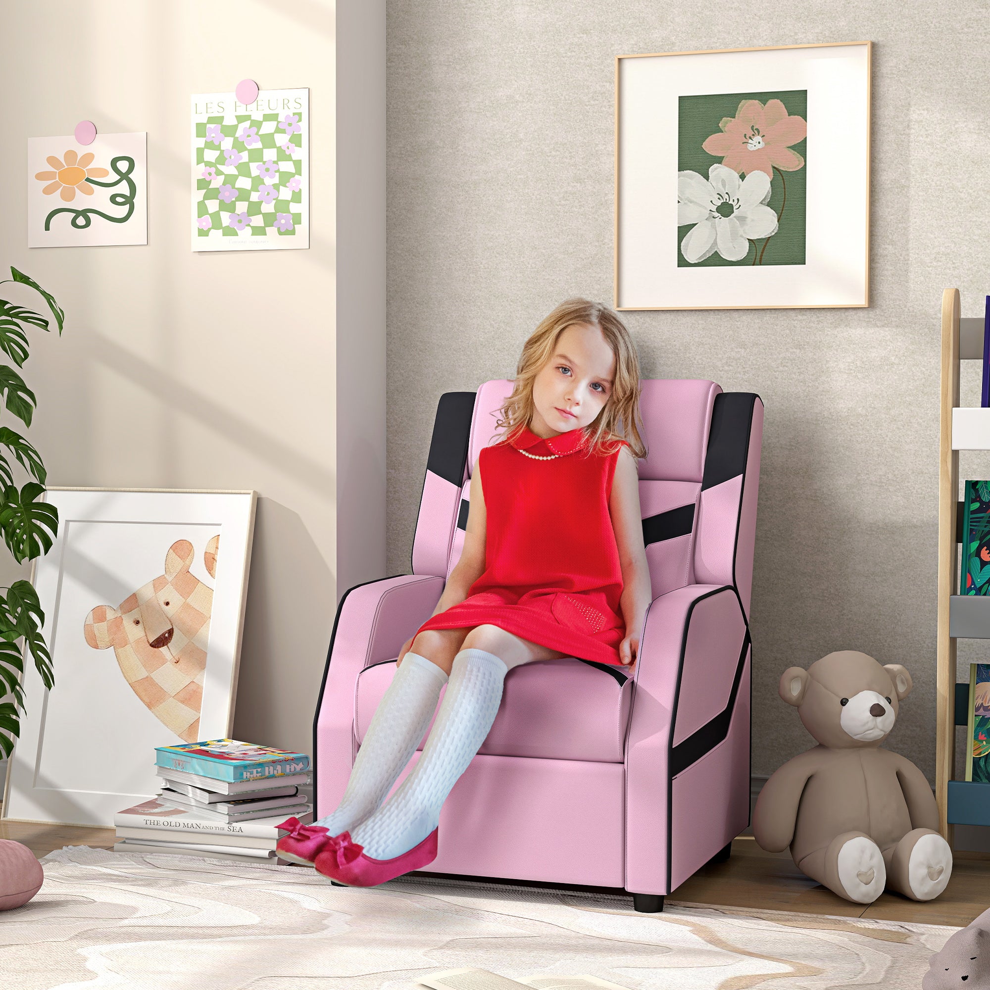 2 in 1 Kids Chair Recliner with Backrest, Armrest, Footrest, PU Leather, for 3-9 Years Old, Pink