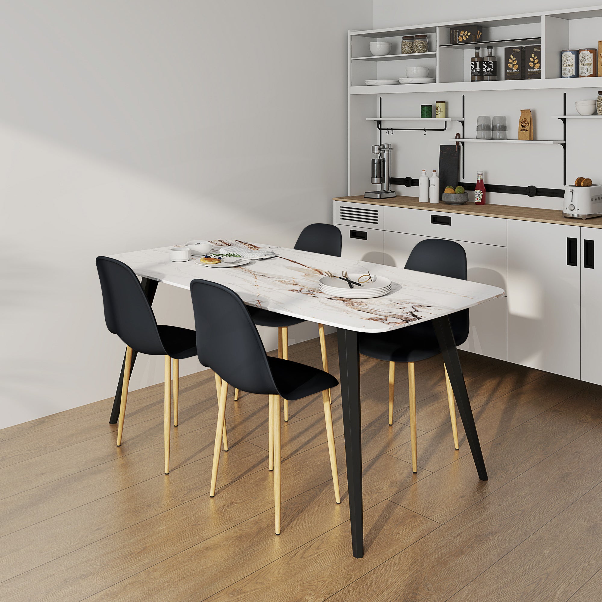 Modern Dining Chairs Set of 4, Kitchen Chairs with Backrest and Steel Legs for Dining Room, Living Room, Black