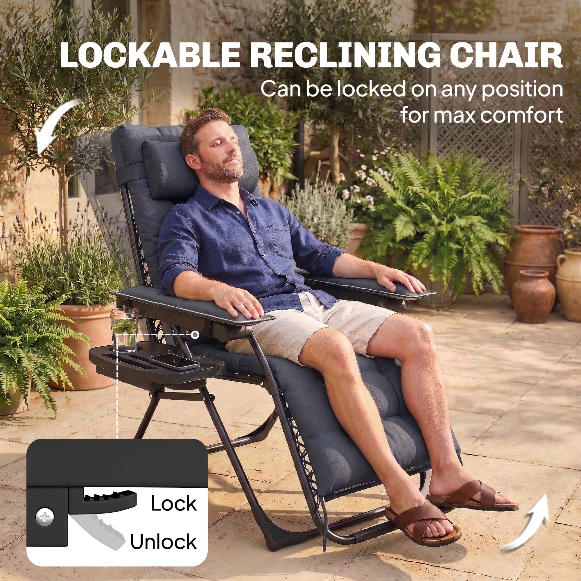 Zero Gravity Chair, Folding Sun Lounger Reclining Garden Chair with Arm Pads, Cushion, Cup Holder, Headrest, Dark Grey