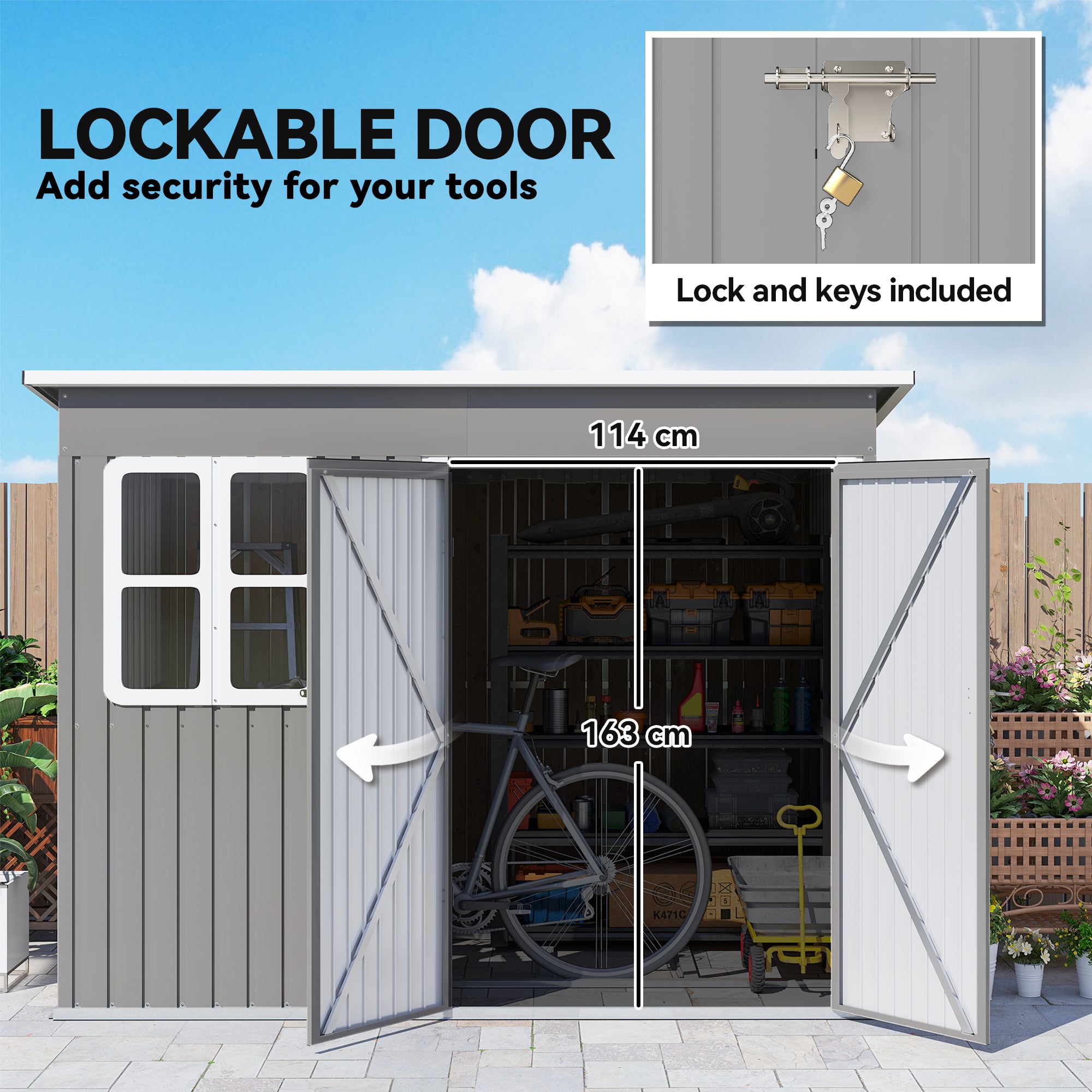 8.5 x 6ft Storage Shed Galvanised Steel Garden Shed, Metal Shed with Foundation Kit, Window, Lockable Wide Doors and Air Vents for Outdoor Patio, Light Grey