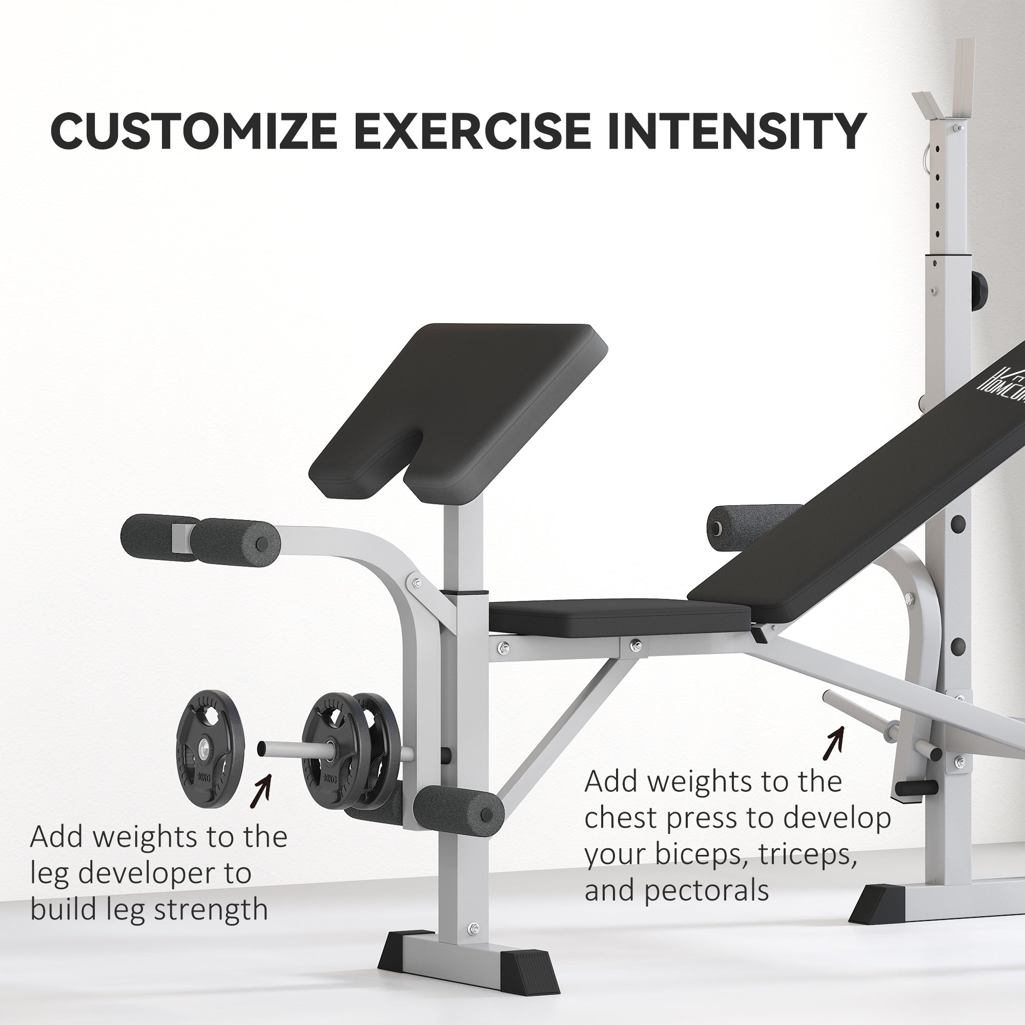 Adjustable Weight Bench with Squat Rack, Heavy Duty Bench Press Rack with Preacher Curl Pad, Leg Developer, Barbell Rack, Butterfly, Home Gym Strength Training Multiuse Workout Bench, Grey