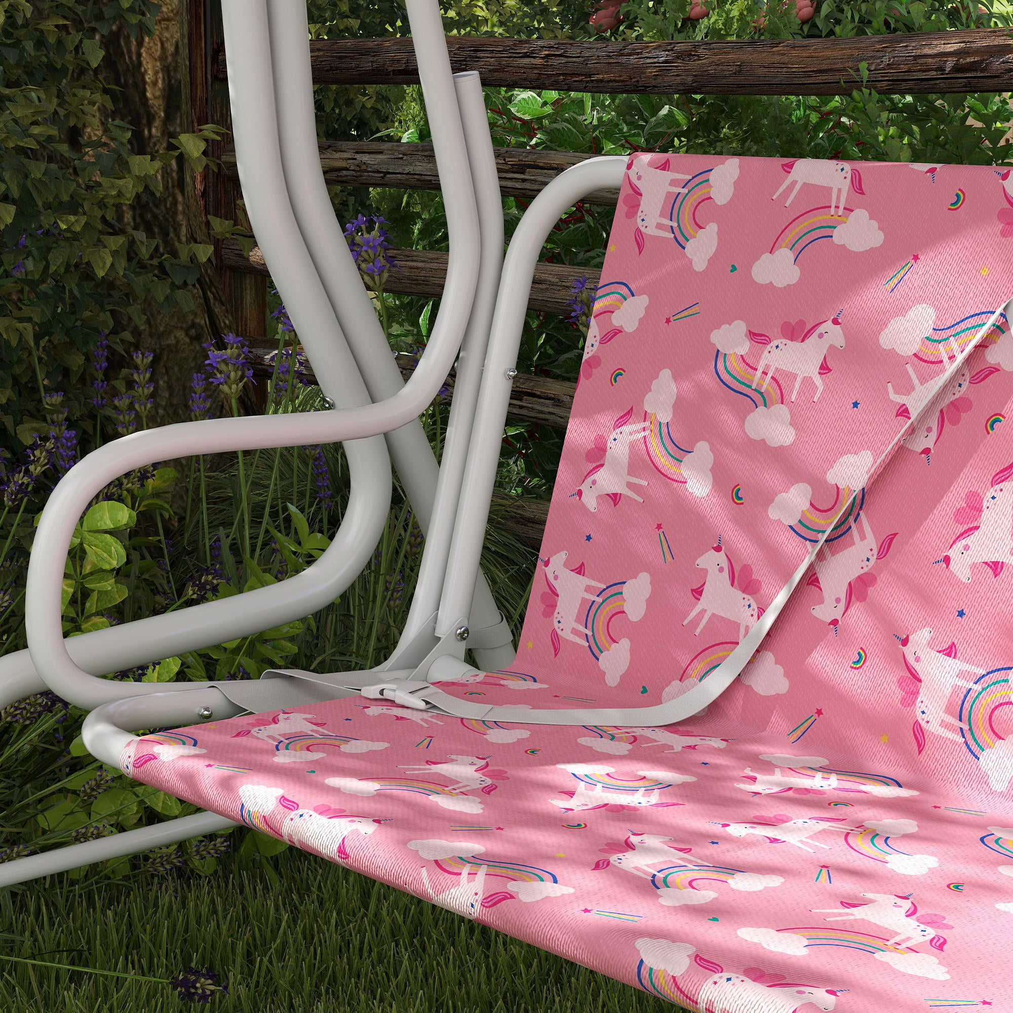 Kids Porch Swing, 2-Seater Patio Swing Bench Hammock with Seat Belts, Adjustable Canopy for Garden, Pink