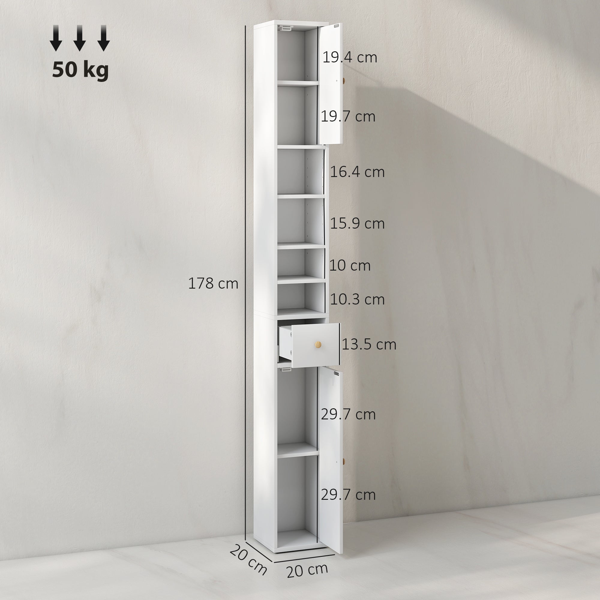 178 cm Narrow Tall Bathroom Cabinet - White