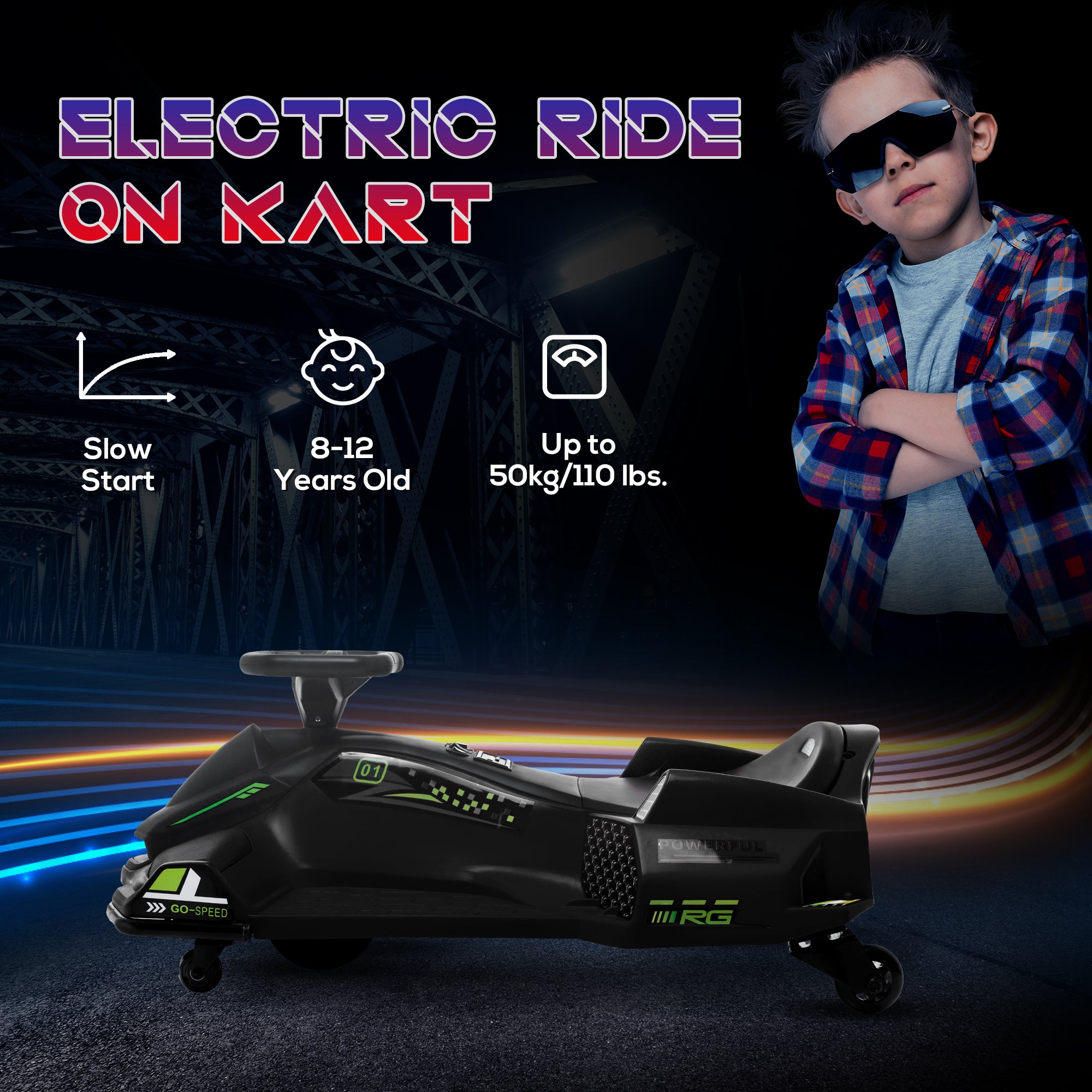 12V Kids Electric Go Kart with Music, LED Lights, Slow Start, Black