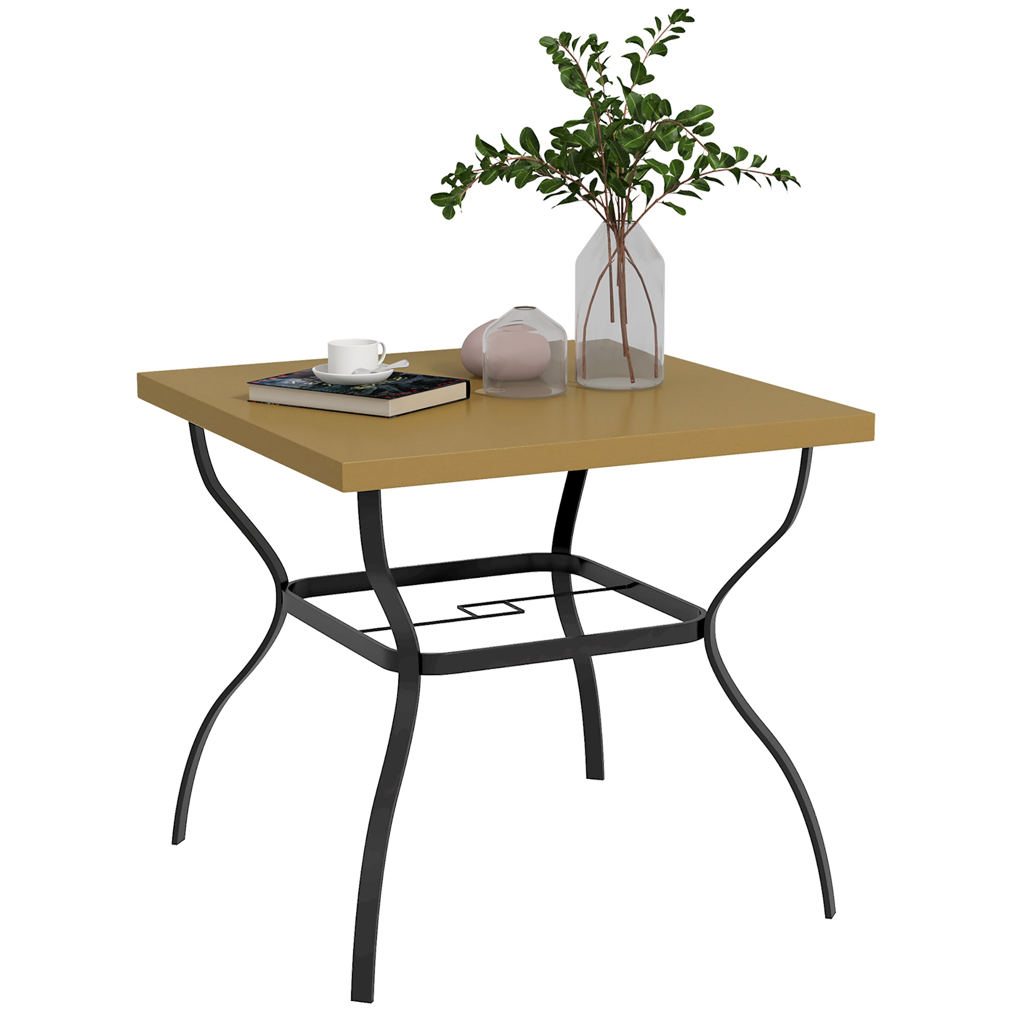 Four-Seater Steel Garden Table, with Parasol Hole - Brown/Black