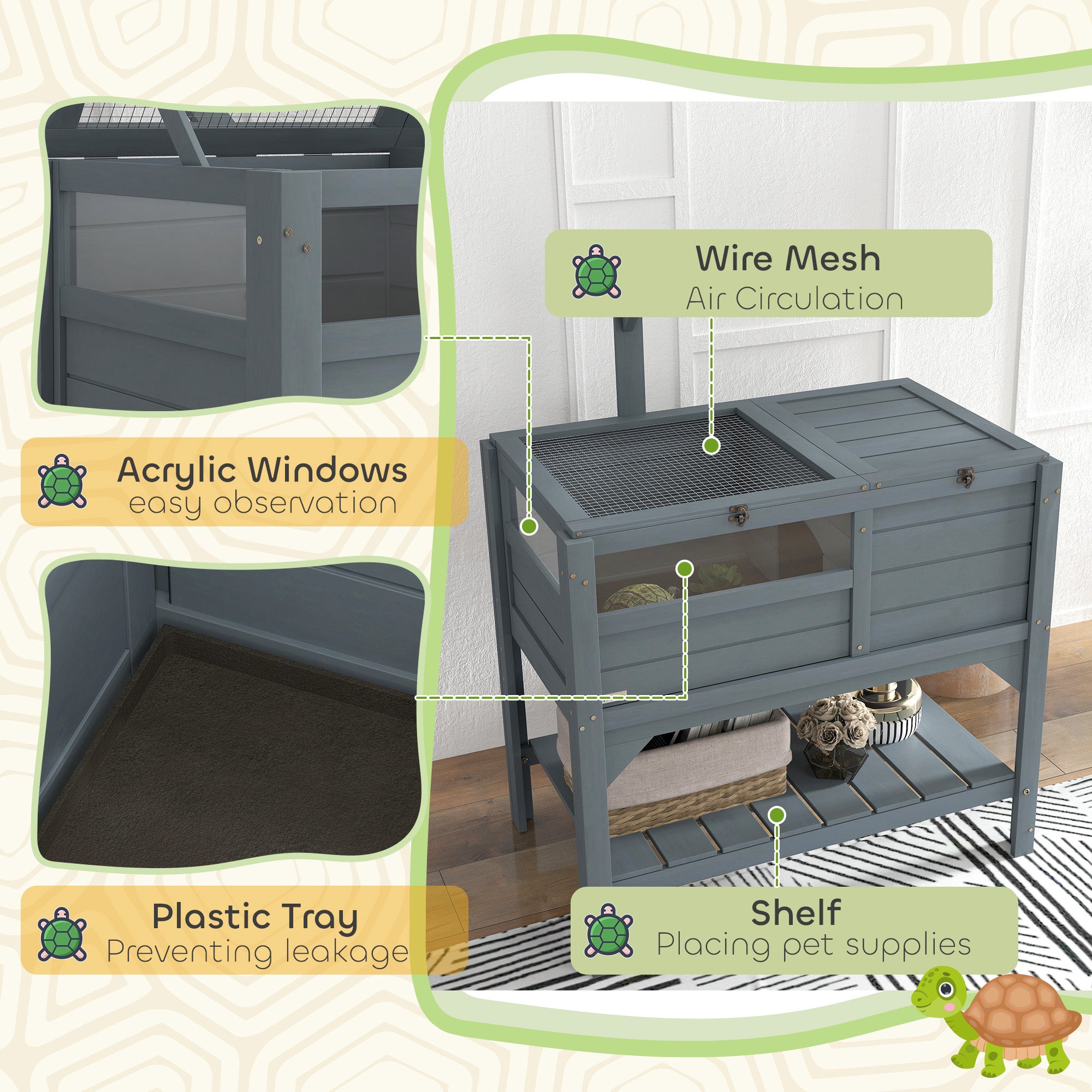 Wooden Tortoise House with Shelter, Run, Lamp Holder, Shelf & Tray - Grey