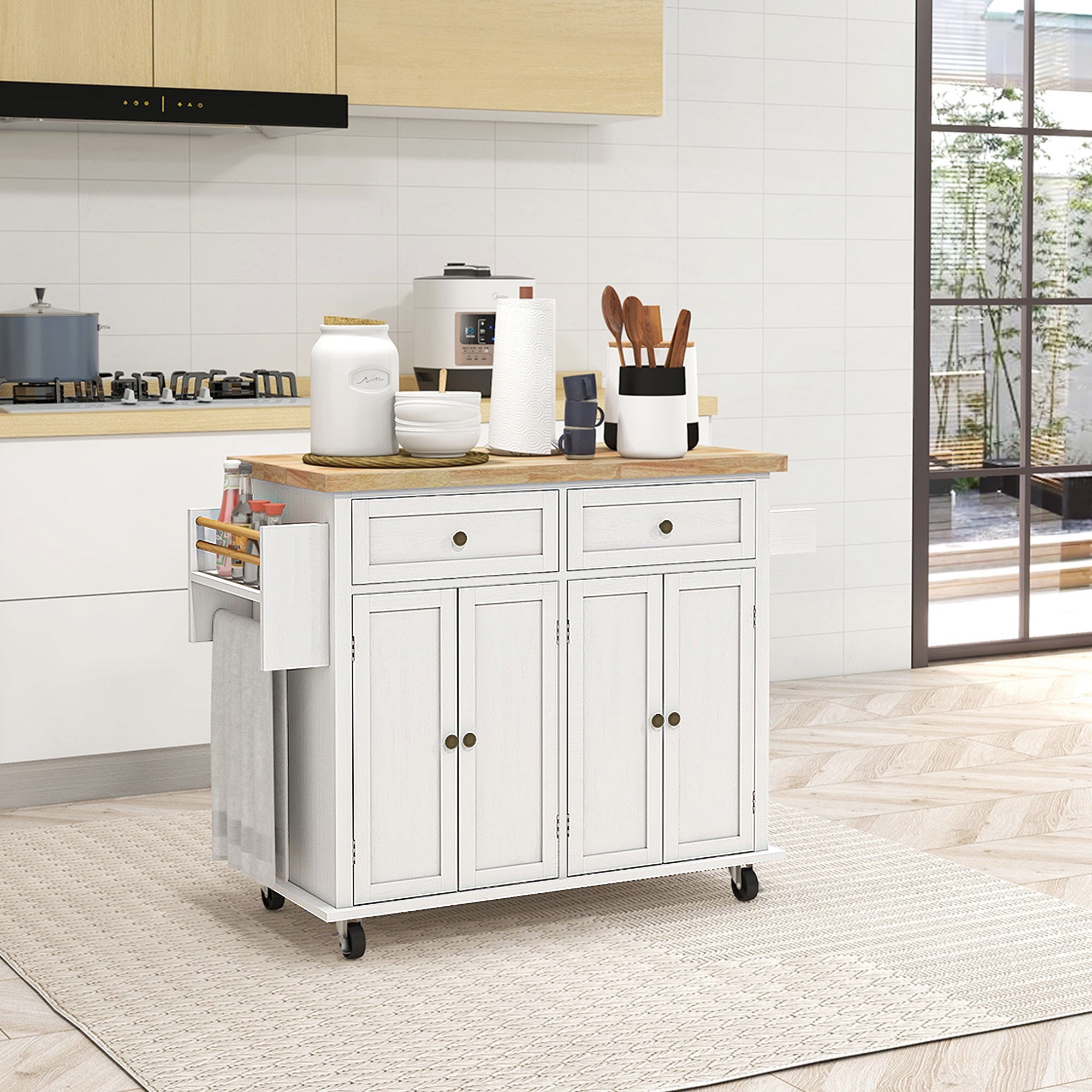 Rolling Kitchen Island Storage Trolley with Rubber Wood Top & Drawers for Dining Room, White