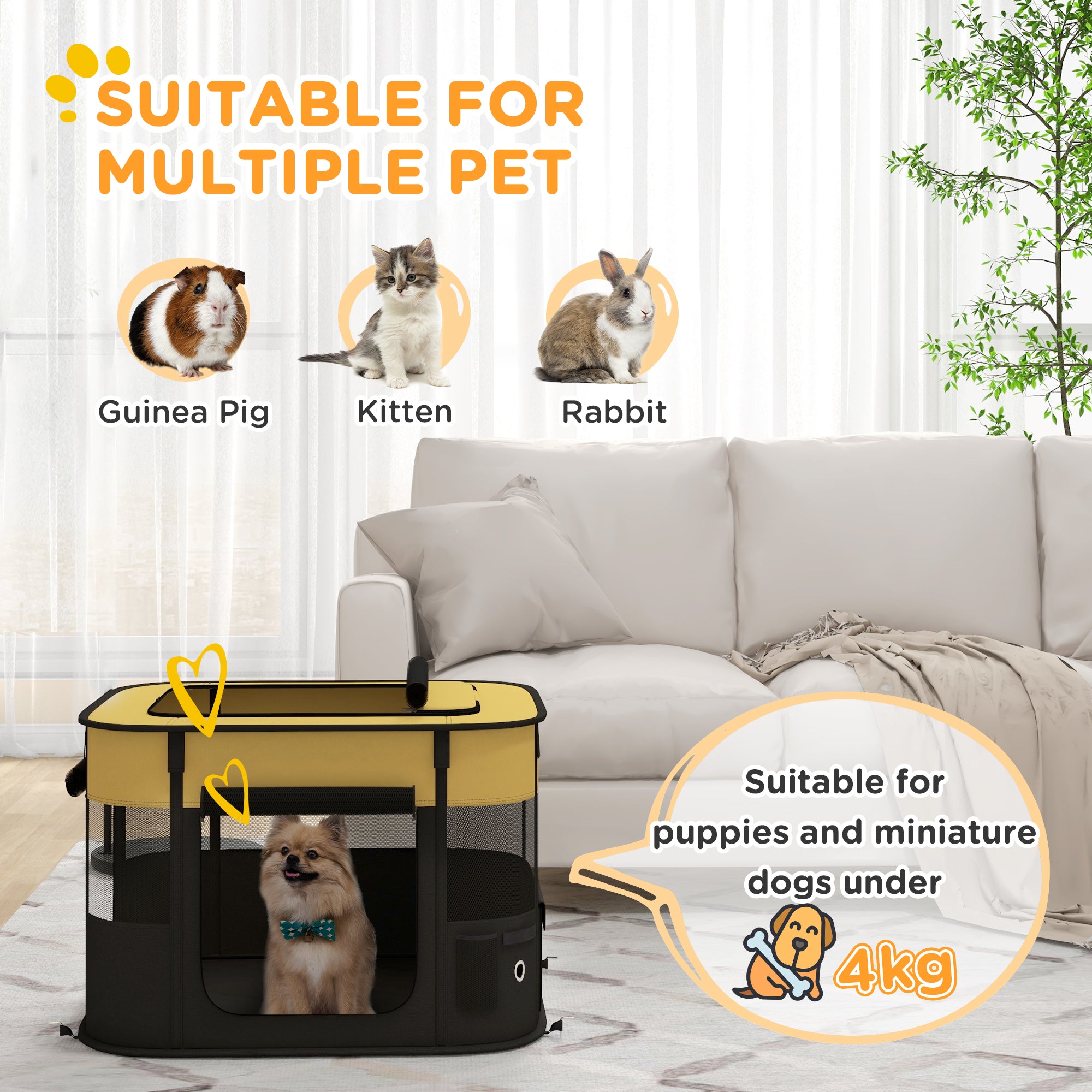 Foldable Dog Pen with Storage Bag for Indoor/Outdoor Use, Portable Pet playpen, with Ground Stakes - Yellow